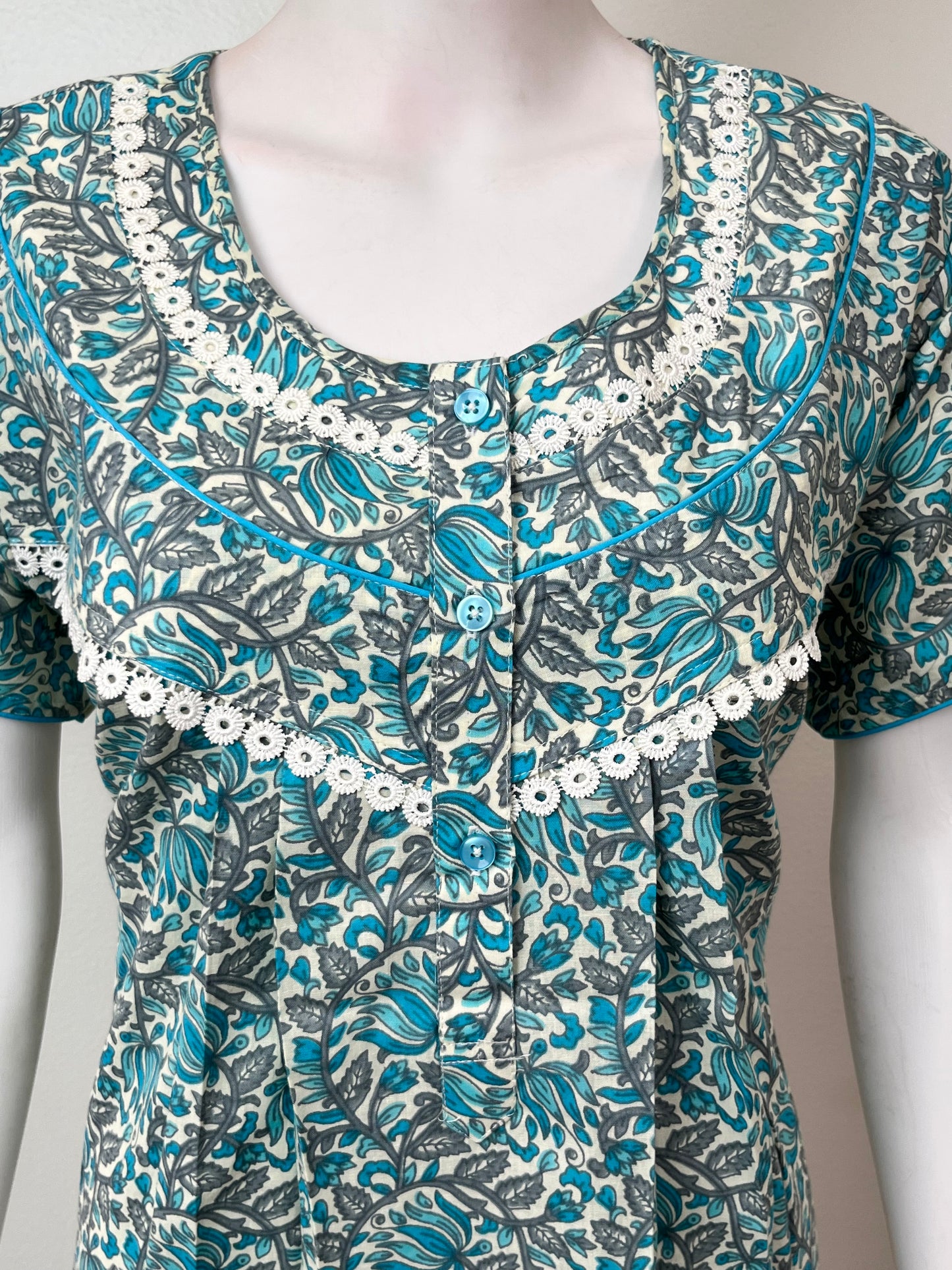 Teal Pleated Style Pure Cotton Nighty