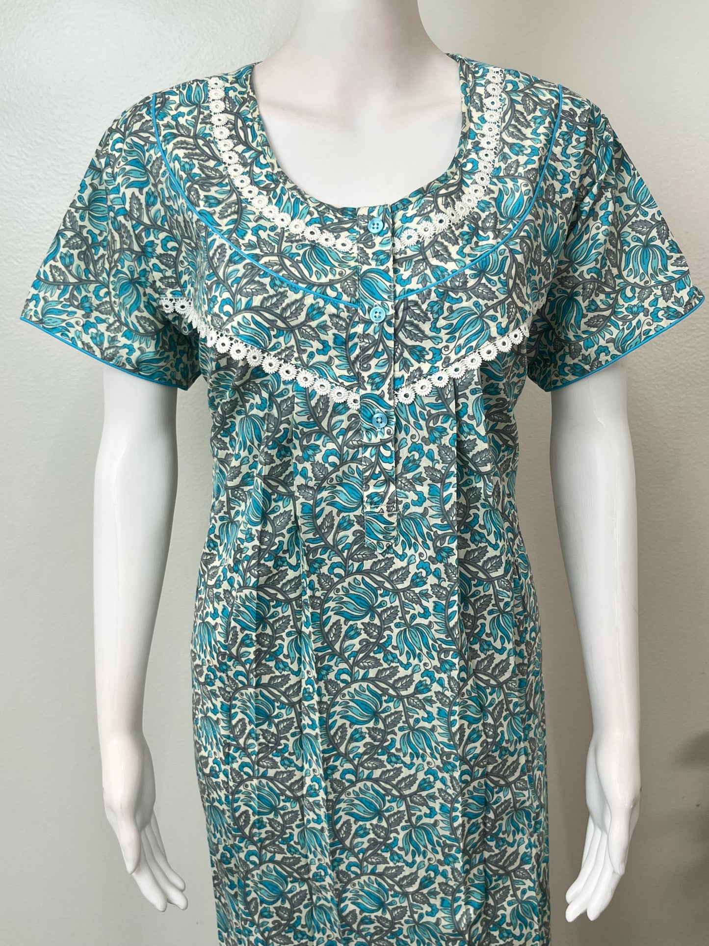 Teal Pleated Style Pure Cotton Nighty