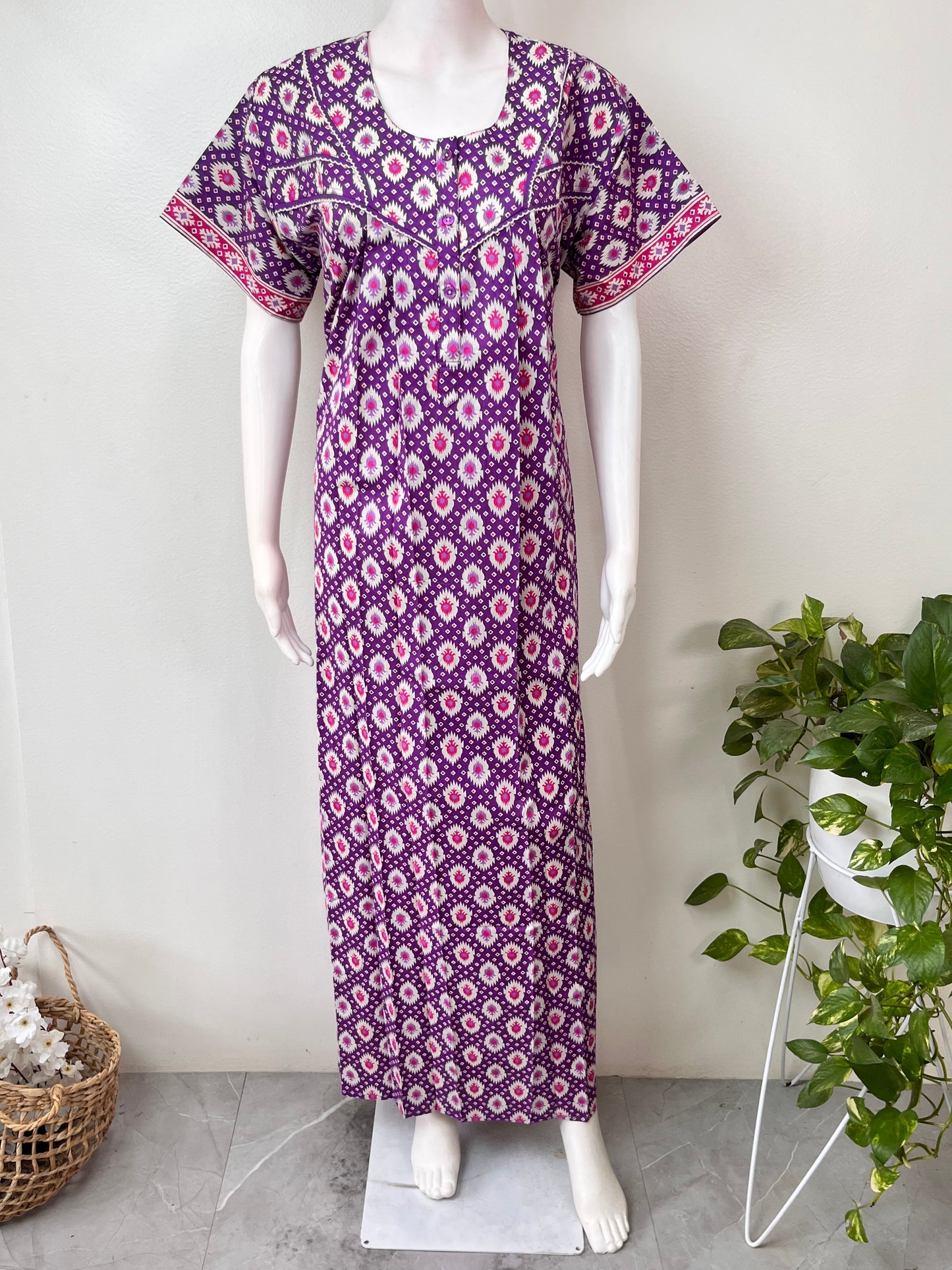 Purple Geometric Printed 100% Cotton Nightgown