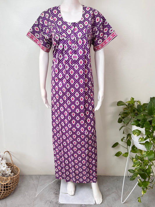 Purple Geometric Printed 100% Cotton Nightgown