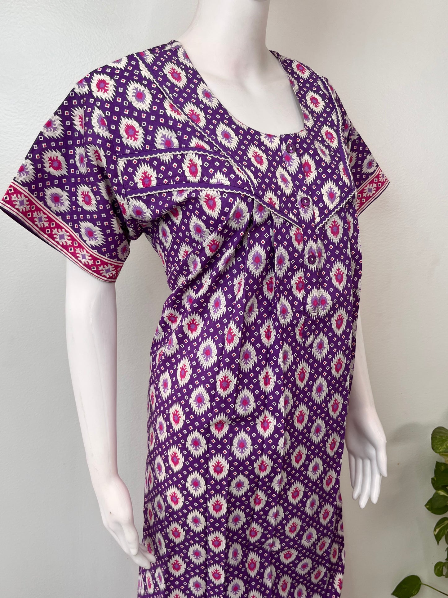 Purple Geometric Printed 100% Cotton Nightgown