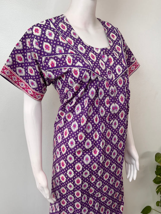 Purple Geometric Printed 100% Cotton Nightgown