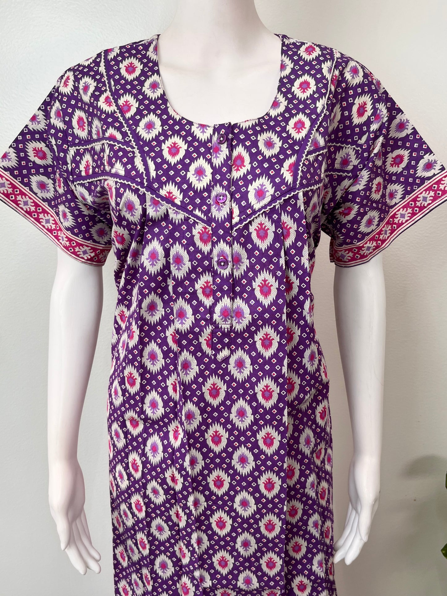 Purple Geometric Printed 100% Cotton Nightgown