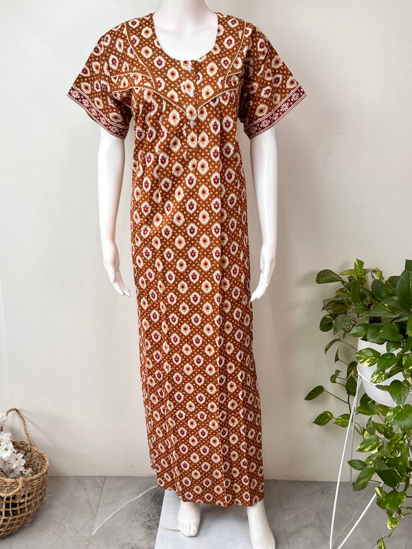 Coffee pure cotton nightgown for women, pleated with pocket