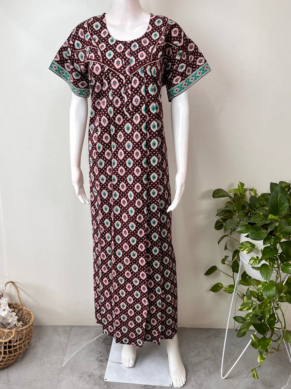 Brown pure cotton nighty for women, pleated style with pocket