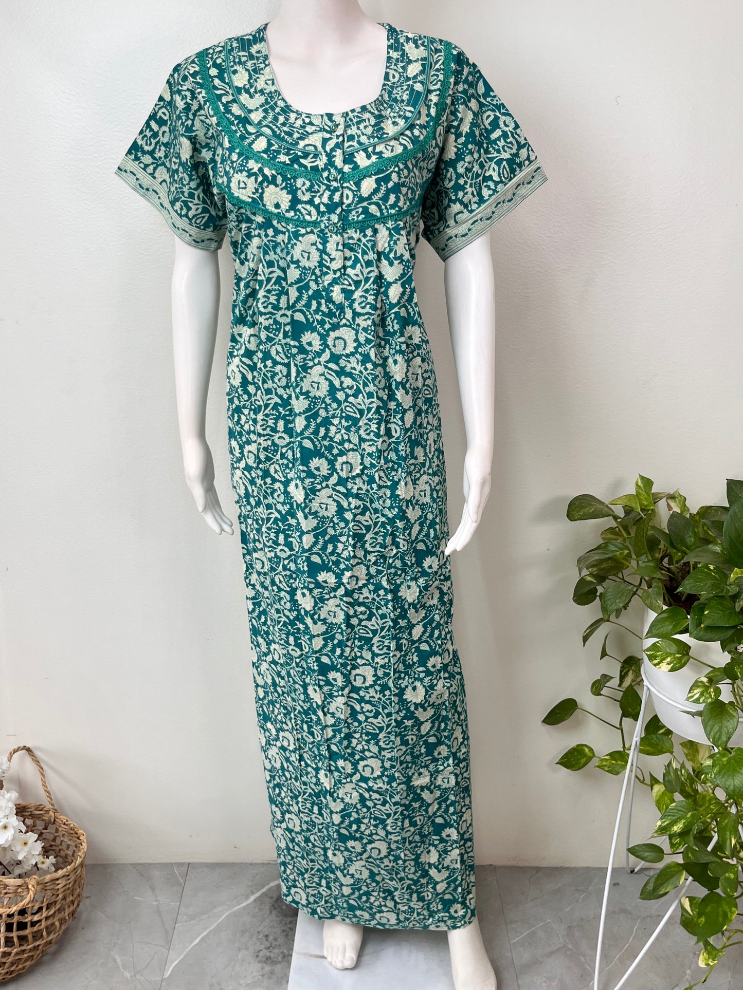 Sea Green Pleated Style 100% Cotton Nighty