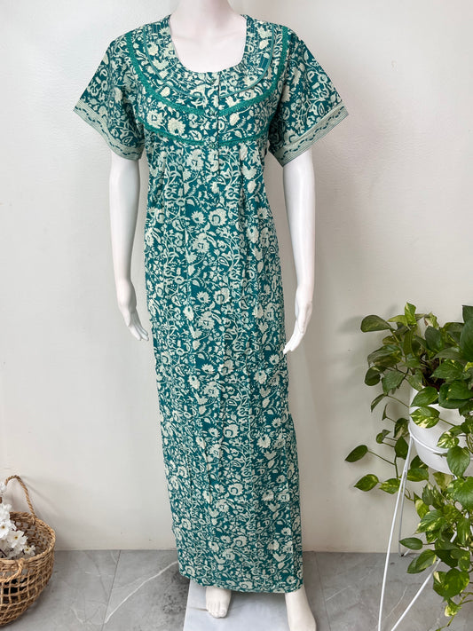 Sea Green Pleated Style 100% Cotton Nighty