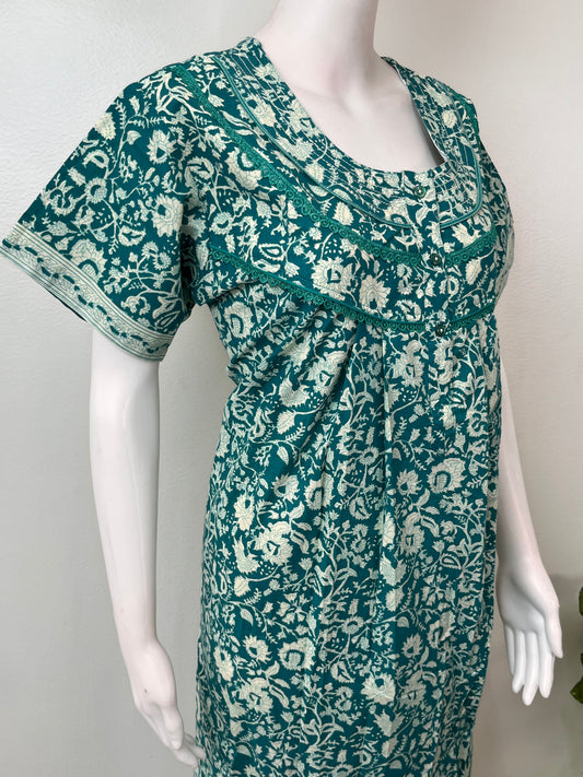 Sea Green Pleated Style 100% Cotton Nighty