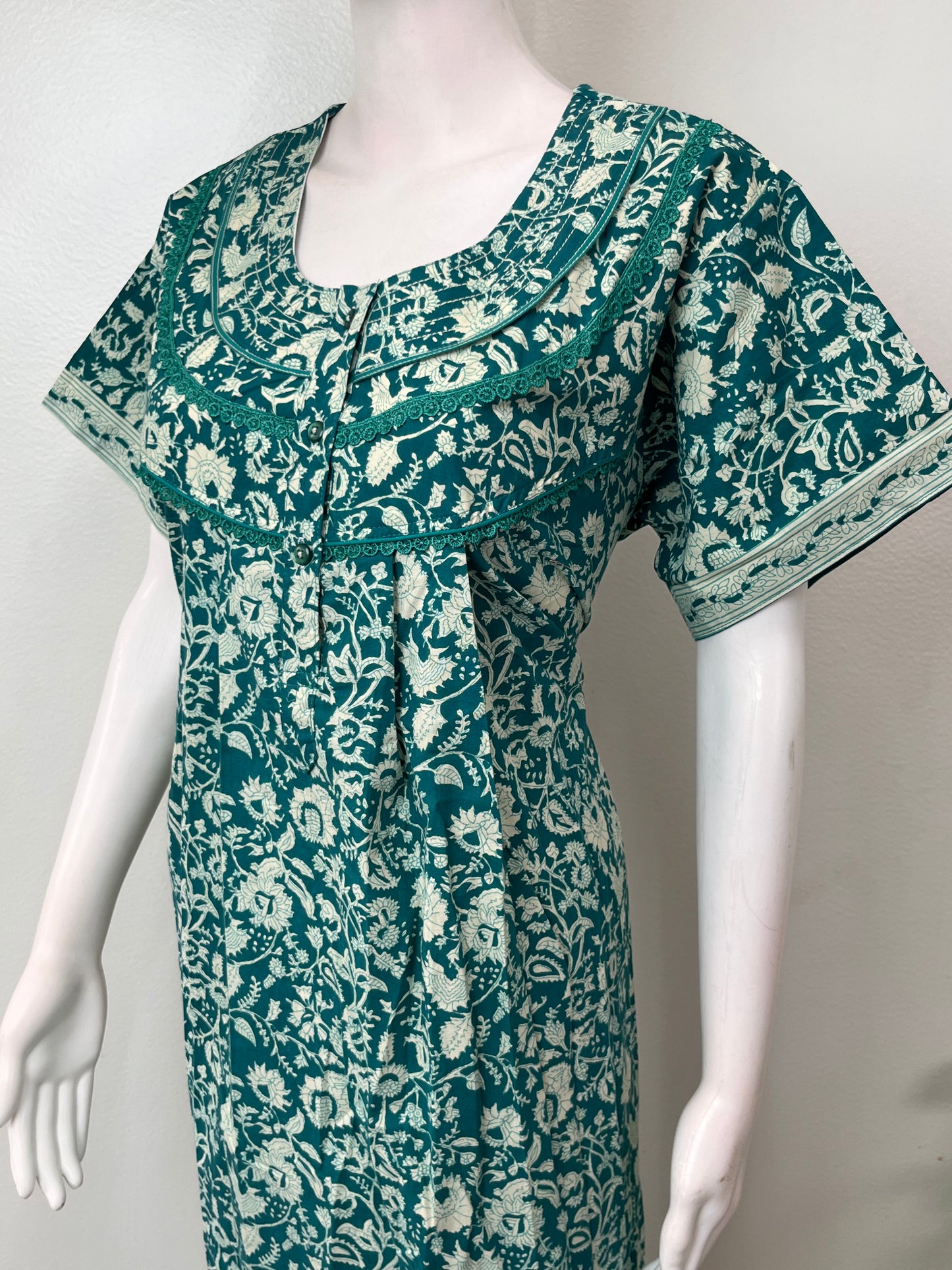 Sea Green Pleated Style 100% Cotton Nighty