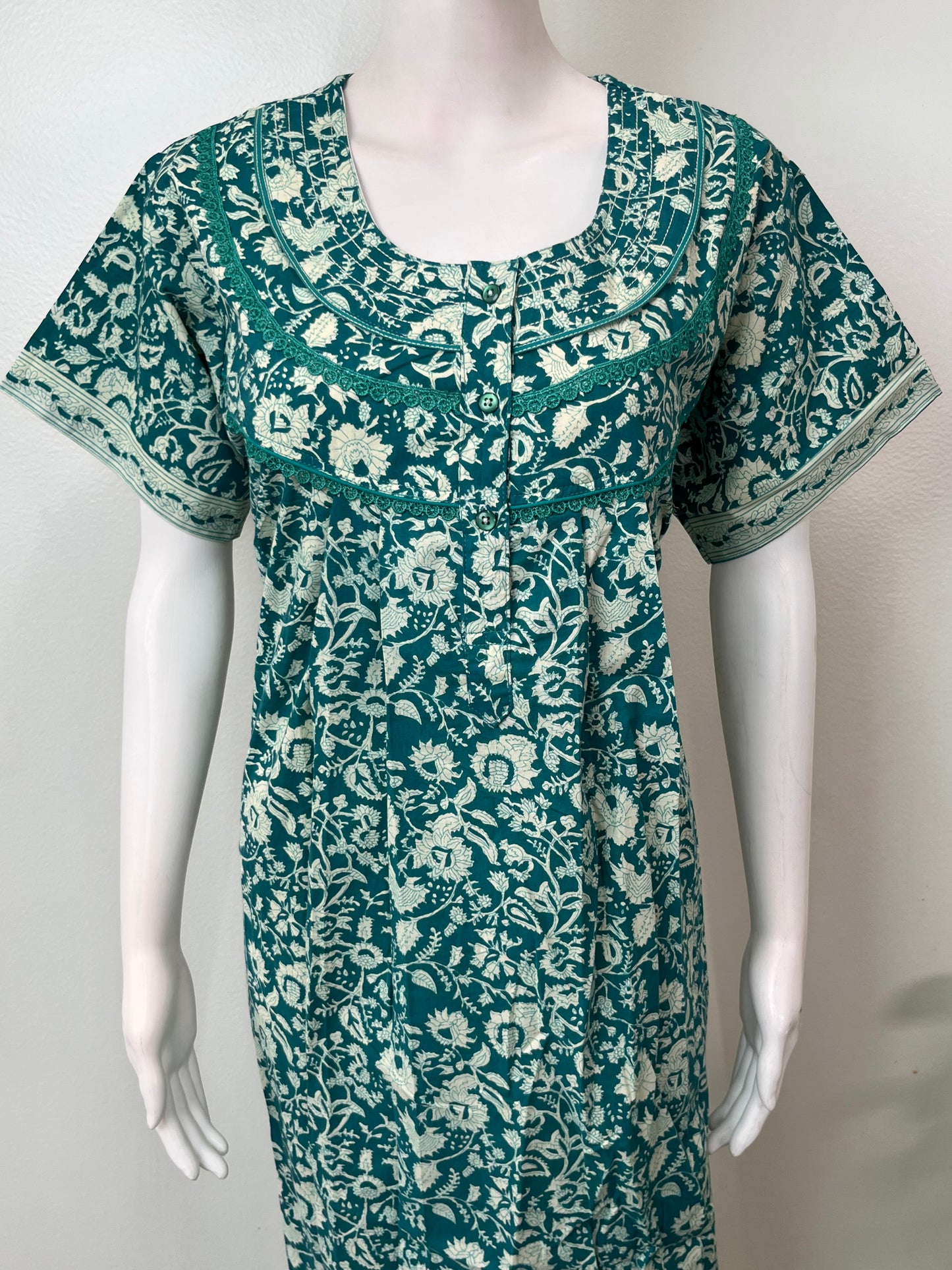 Sea Green Pleated Style 100% Cotton Nighty