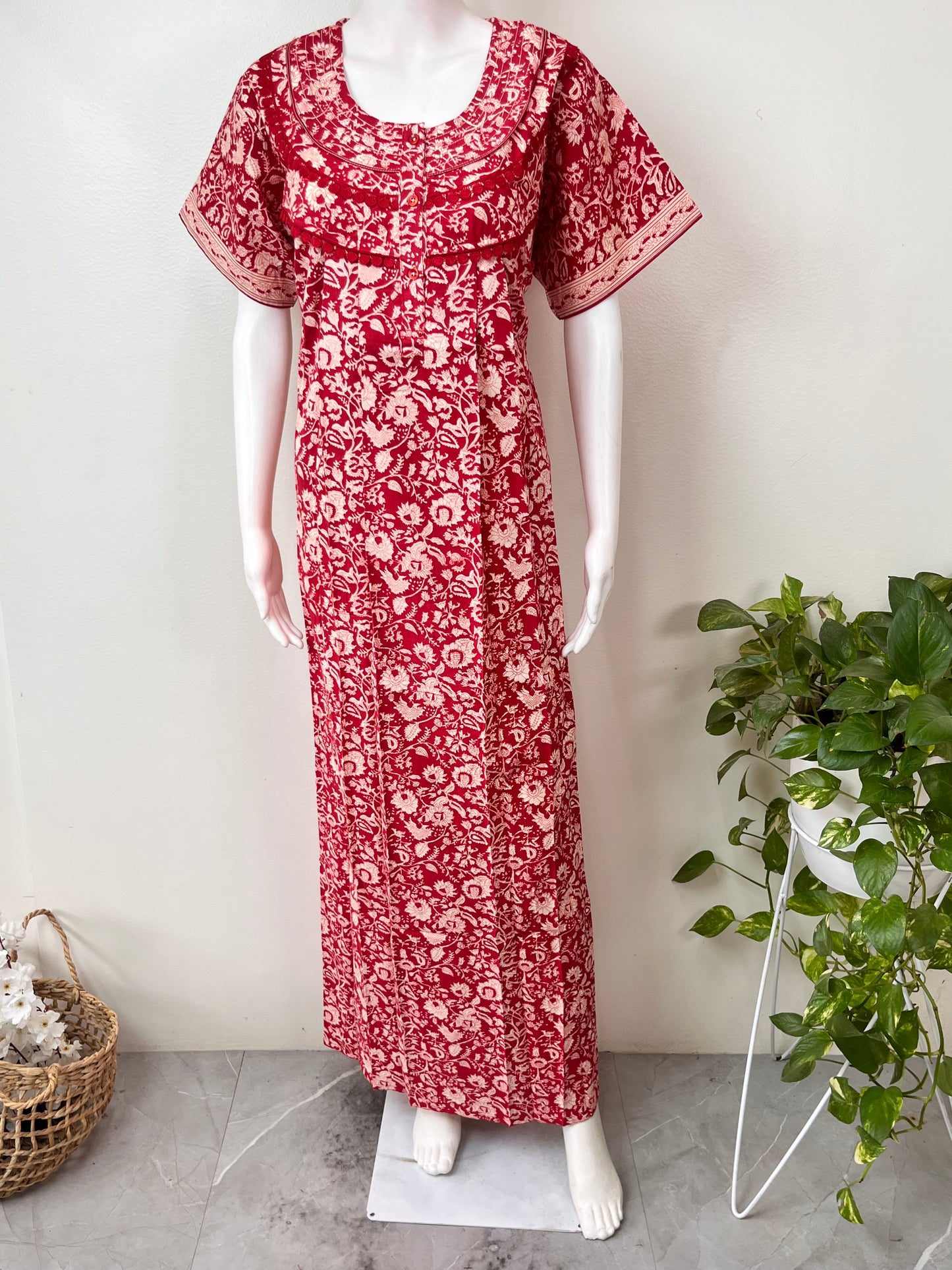 Red Pure Cotton Nightgown Soft & Comfortable