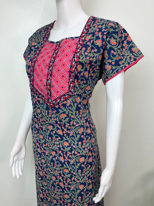 Navy Blue Floral Printed 100% Cotton Nighty