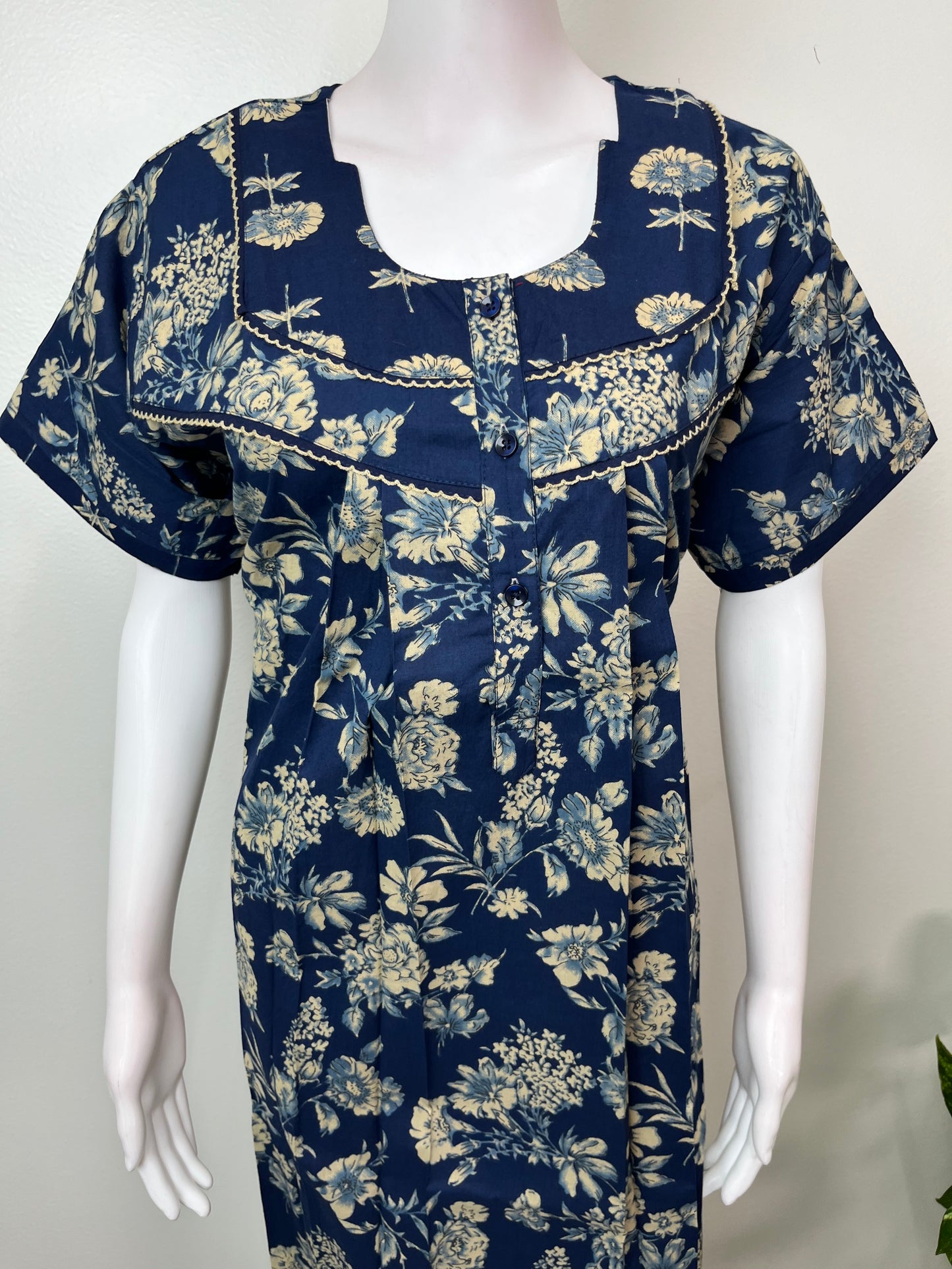 Navy Blue Pleated 100% Cotton Nightgown