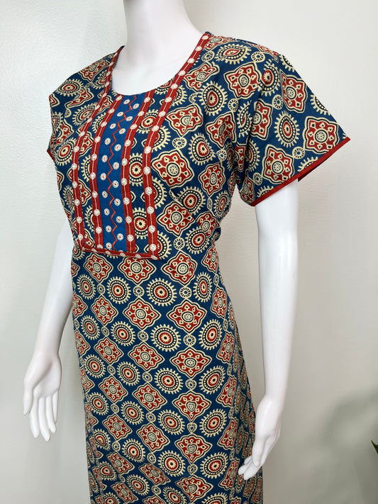 Navy Blue Digital Print 100% Cotton Nightgown