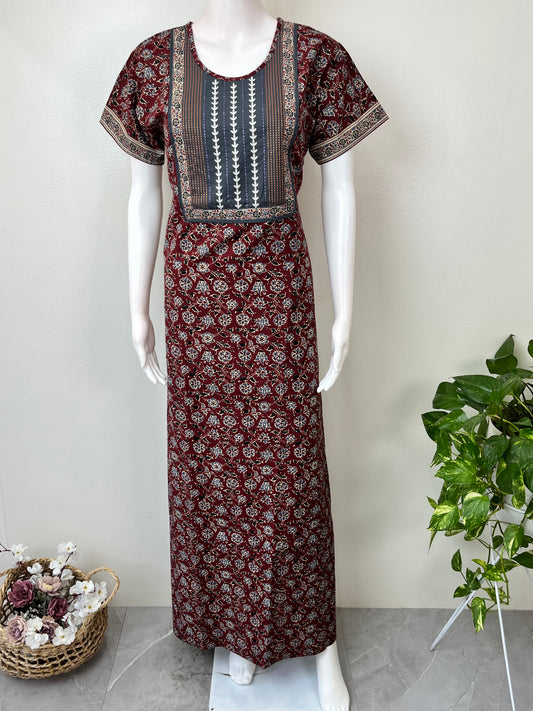 Maroon Floral Print Pure Cotton Nightgown
