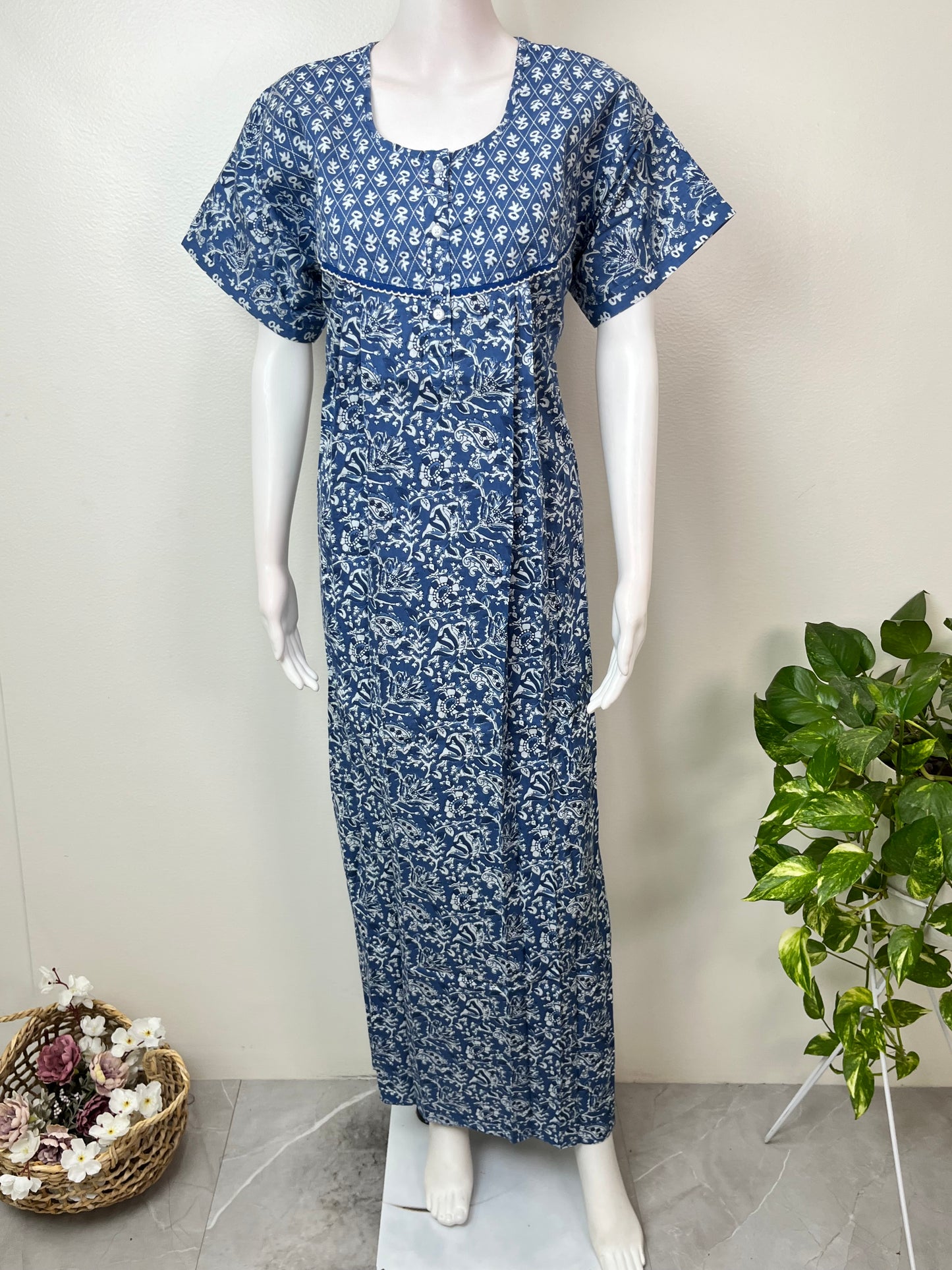 Blue Double Printed 100% Cotton Nightgown