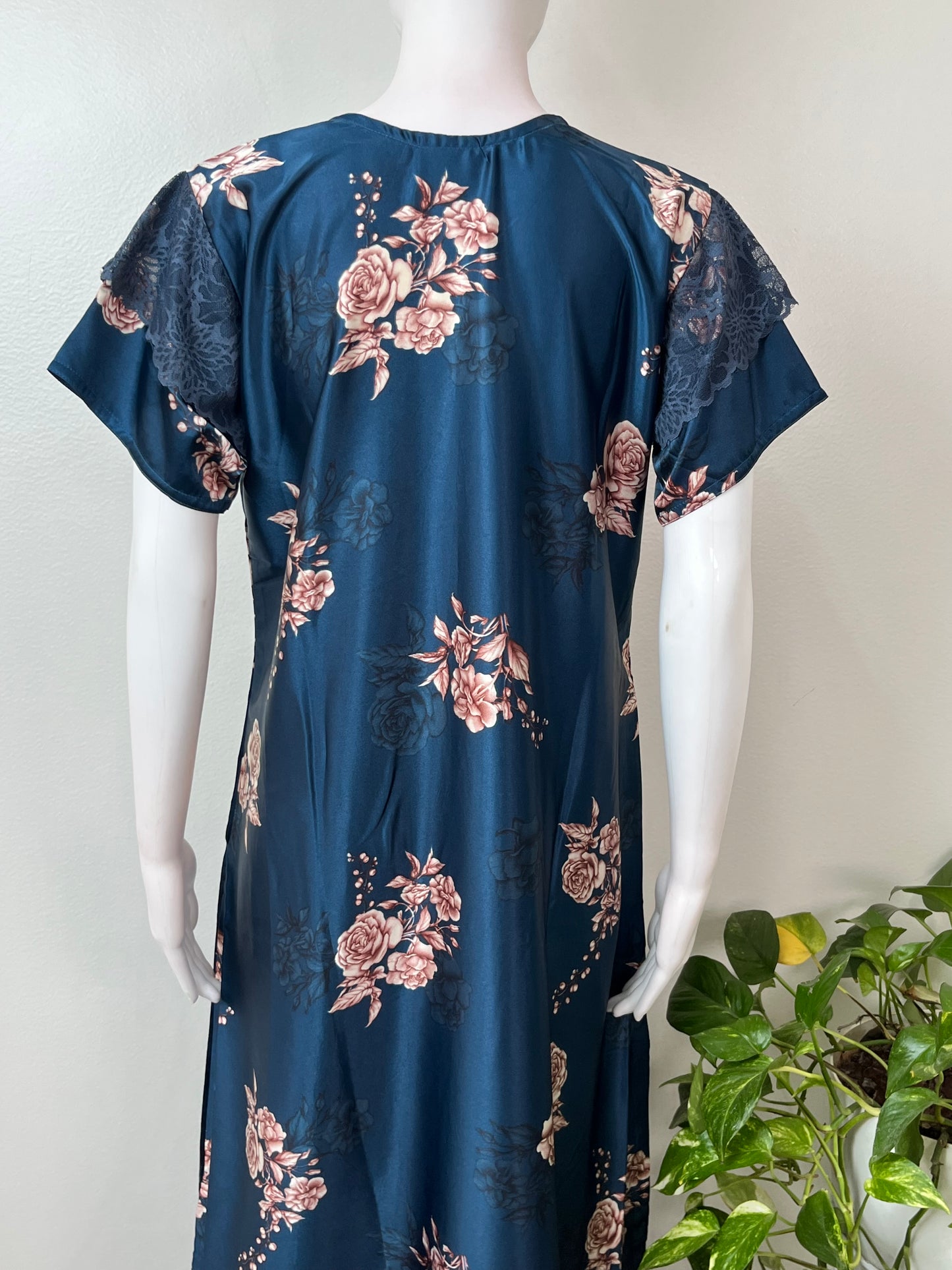 Navy Blue Satin Fabric Elegant & Soft Nightgown