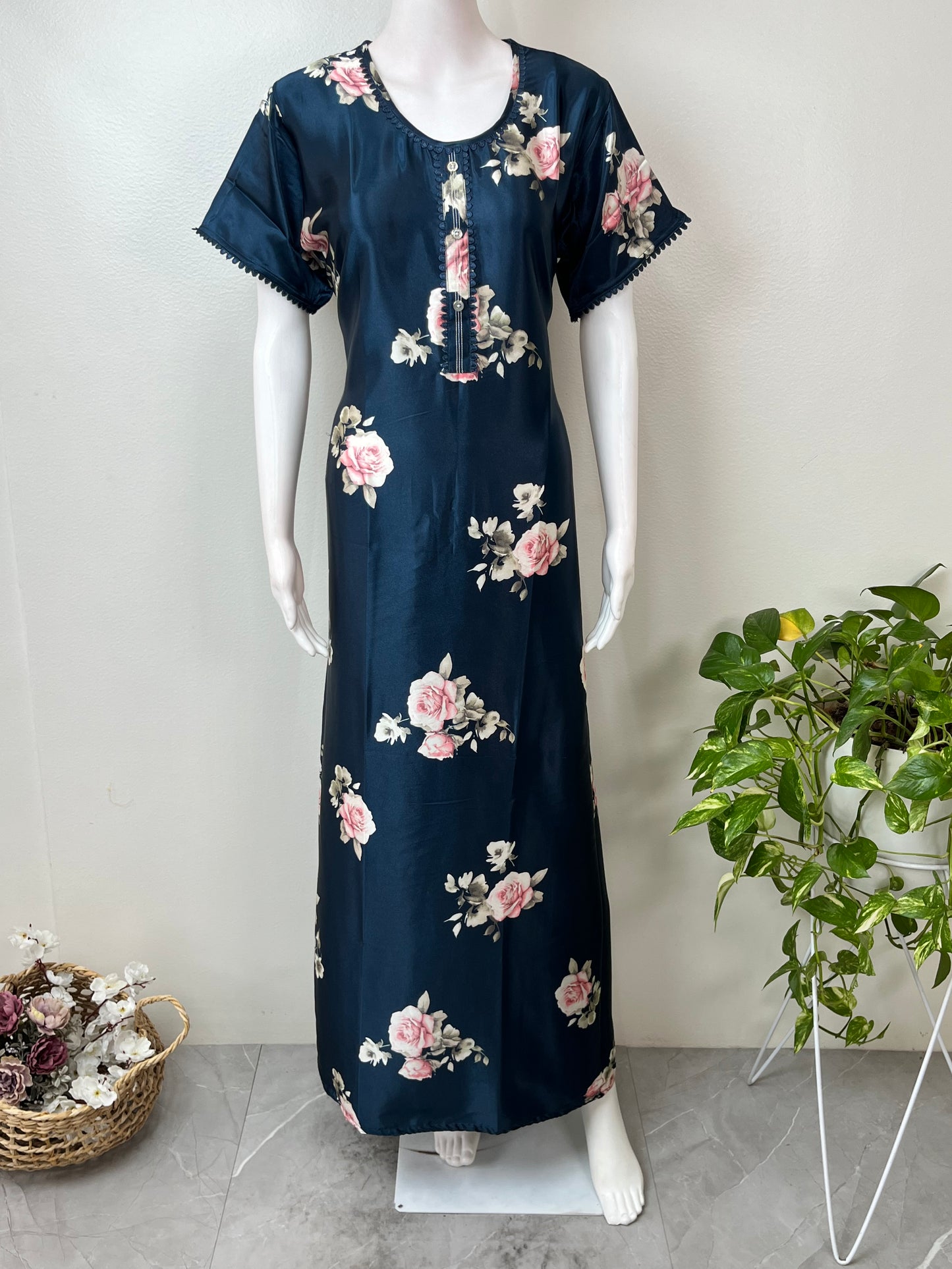 Navy Blue Satin Fabric Silky Texture Nightgown