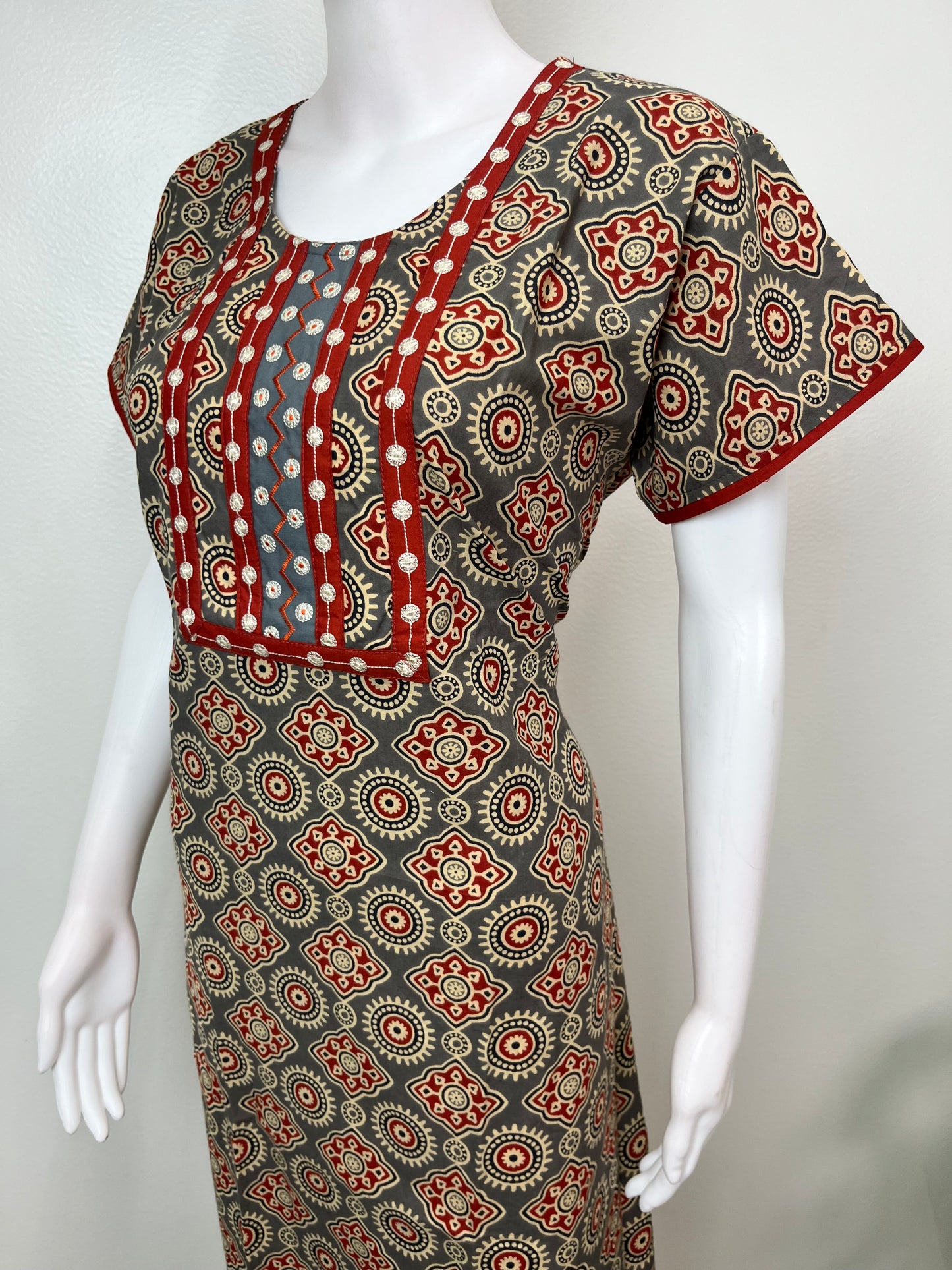 Gray Embroidered Pure Cotton Nightgown for Women