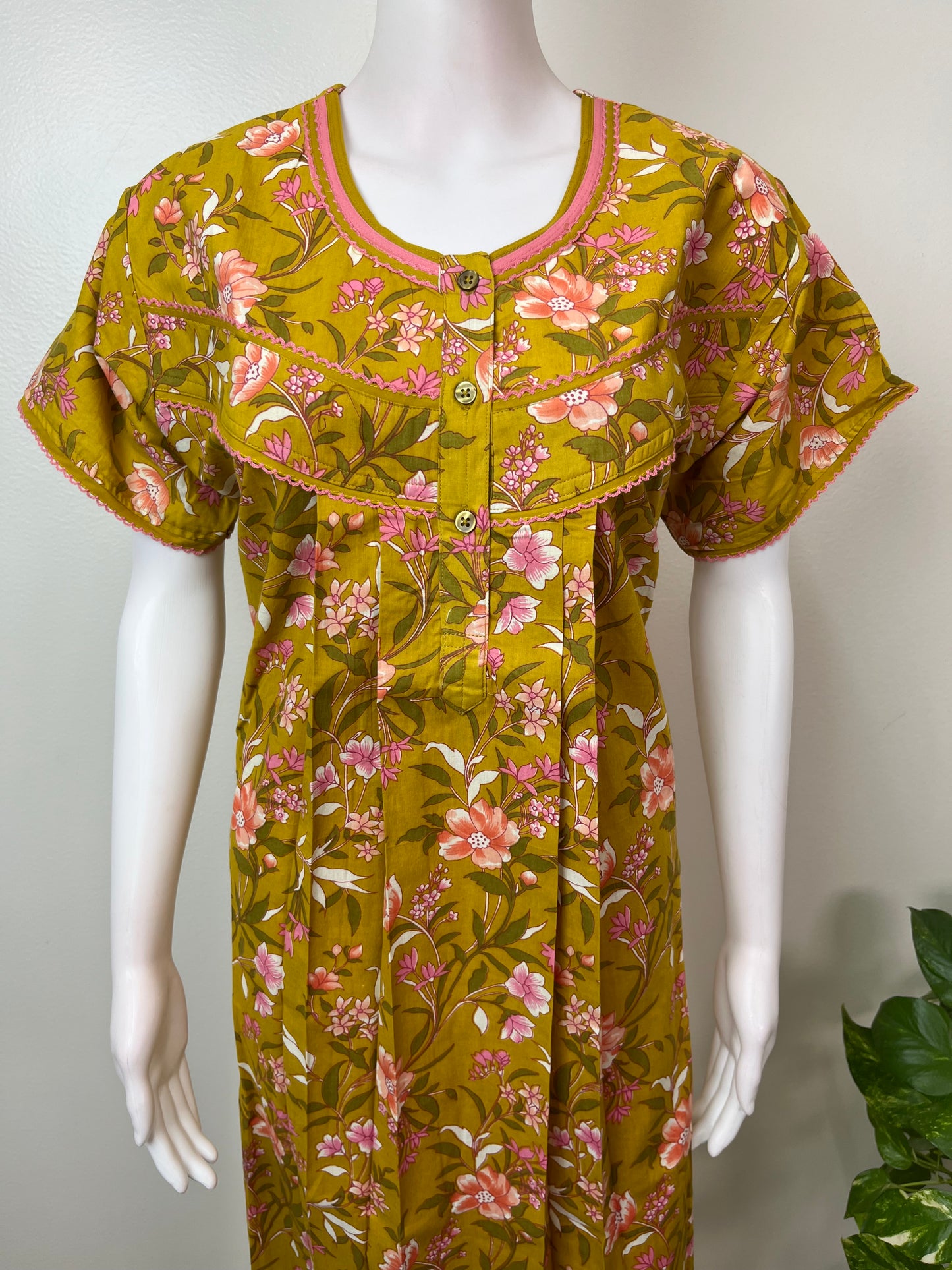 Mustard Floral Printed Pure Cotton Nightgown