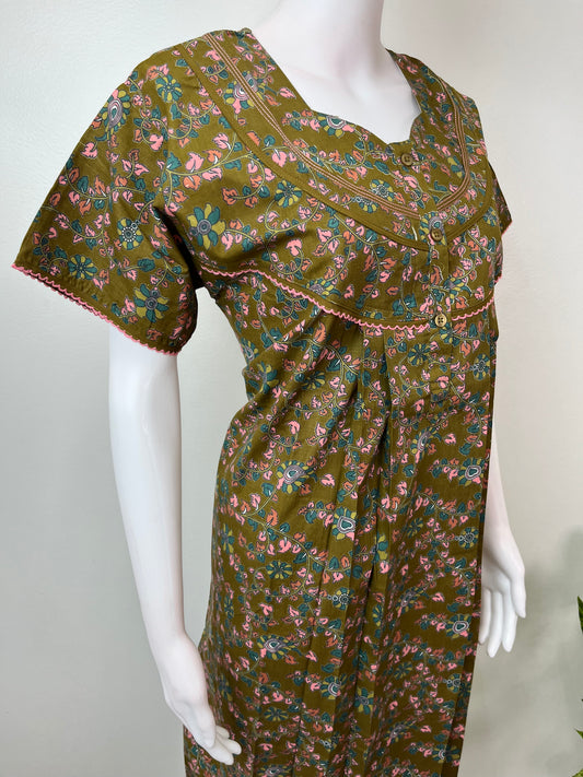 Brown Floral Printed Pure Cotton Nightgown