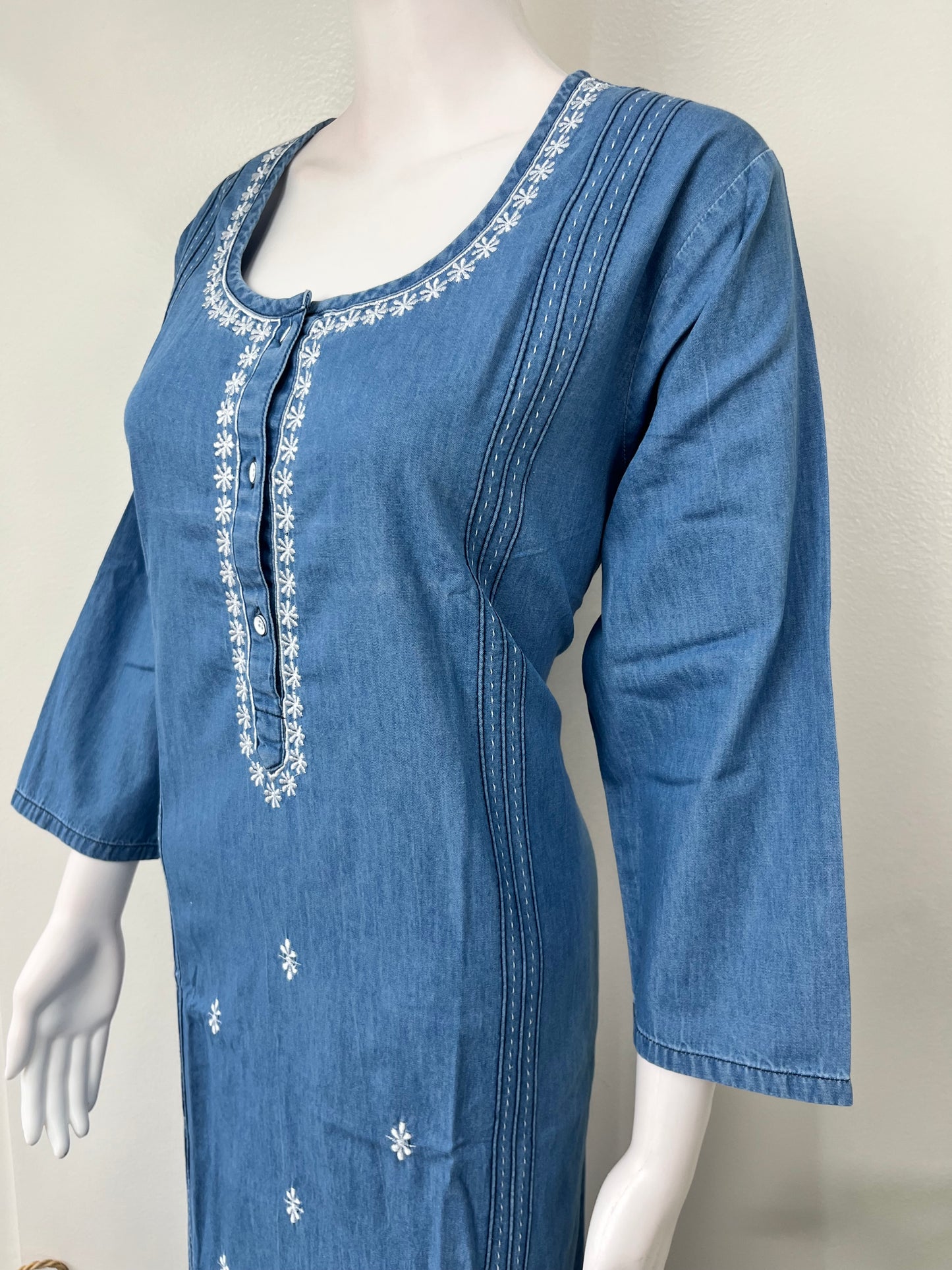 Causal Cotton Denim Nightgown with Long Sleeves