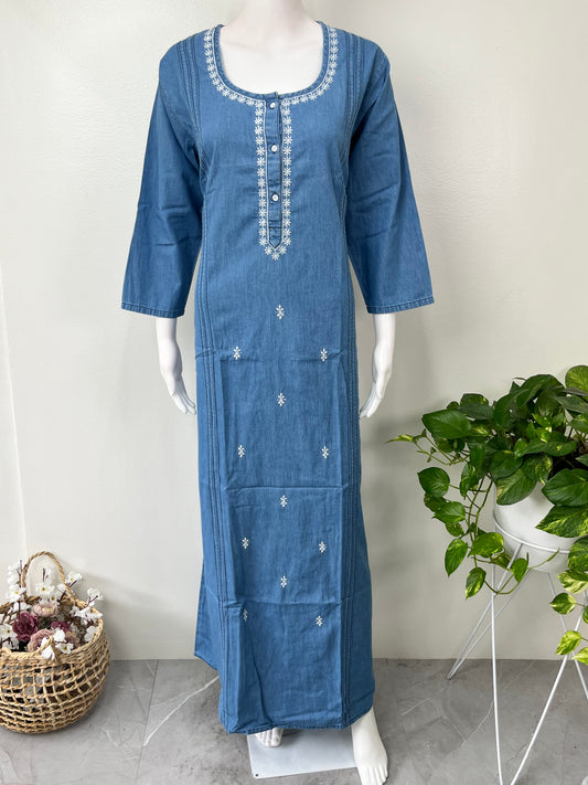 Causal Cotton Denim Nightgown with Long Sleeves