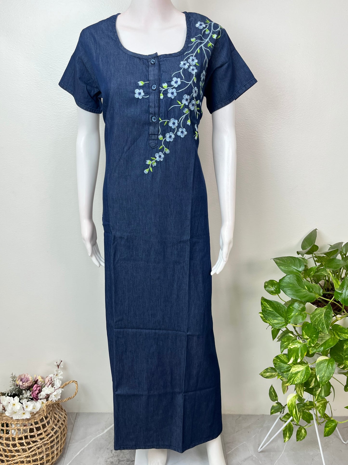 Navy Blue Classic Denim Nightgown for Women