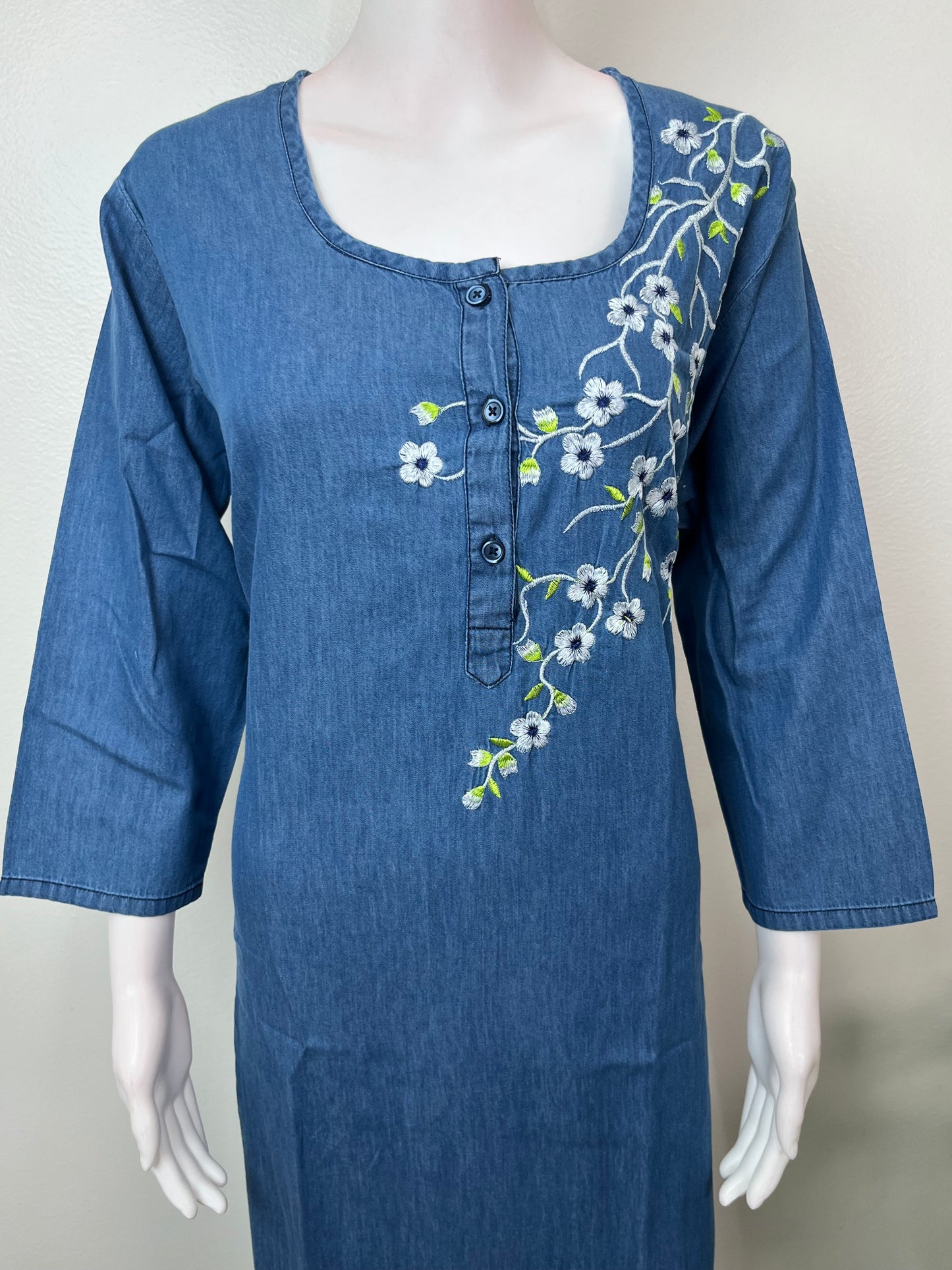 Blue Soft & Stylish Embroidery Denim Fabric Nightgown