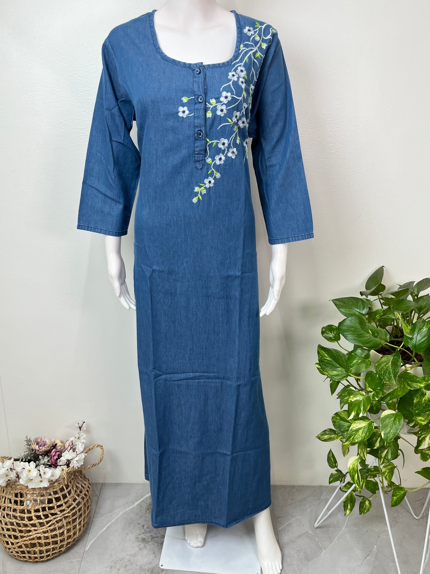 Blue Soft & Stylish Embroidery Denim Fabric Nightgown