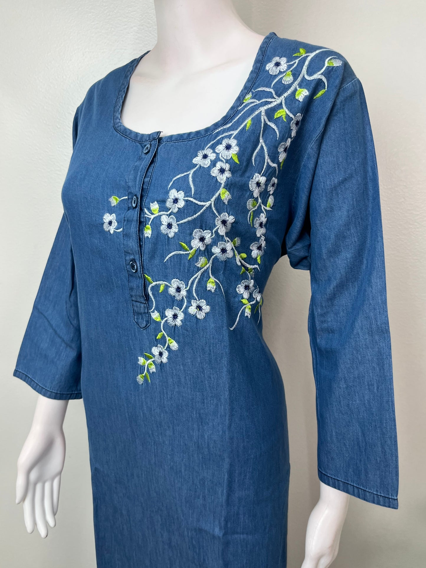 Blue Soft & Stylish Embroidery Denim Fabric Nightgown