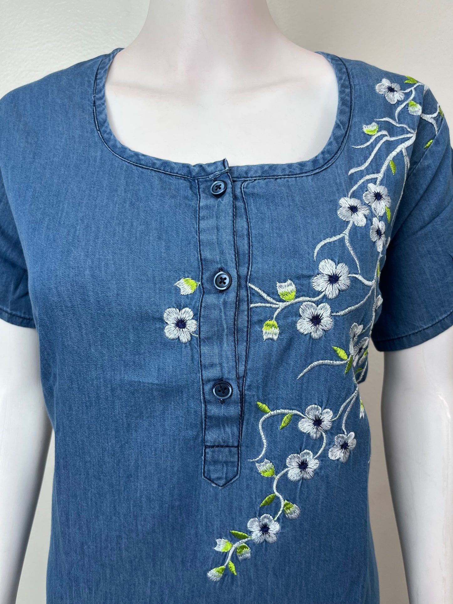 Denim Blue Elegant Embroidered Nightgown