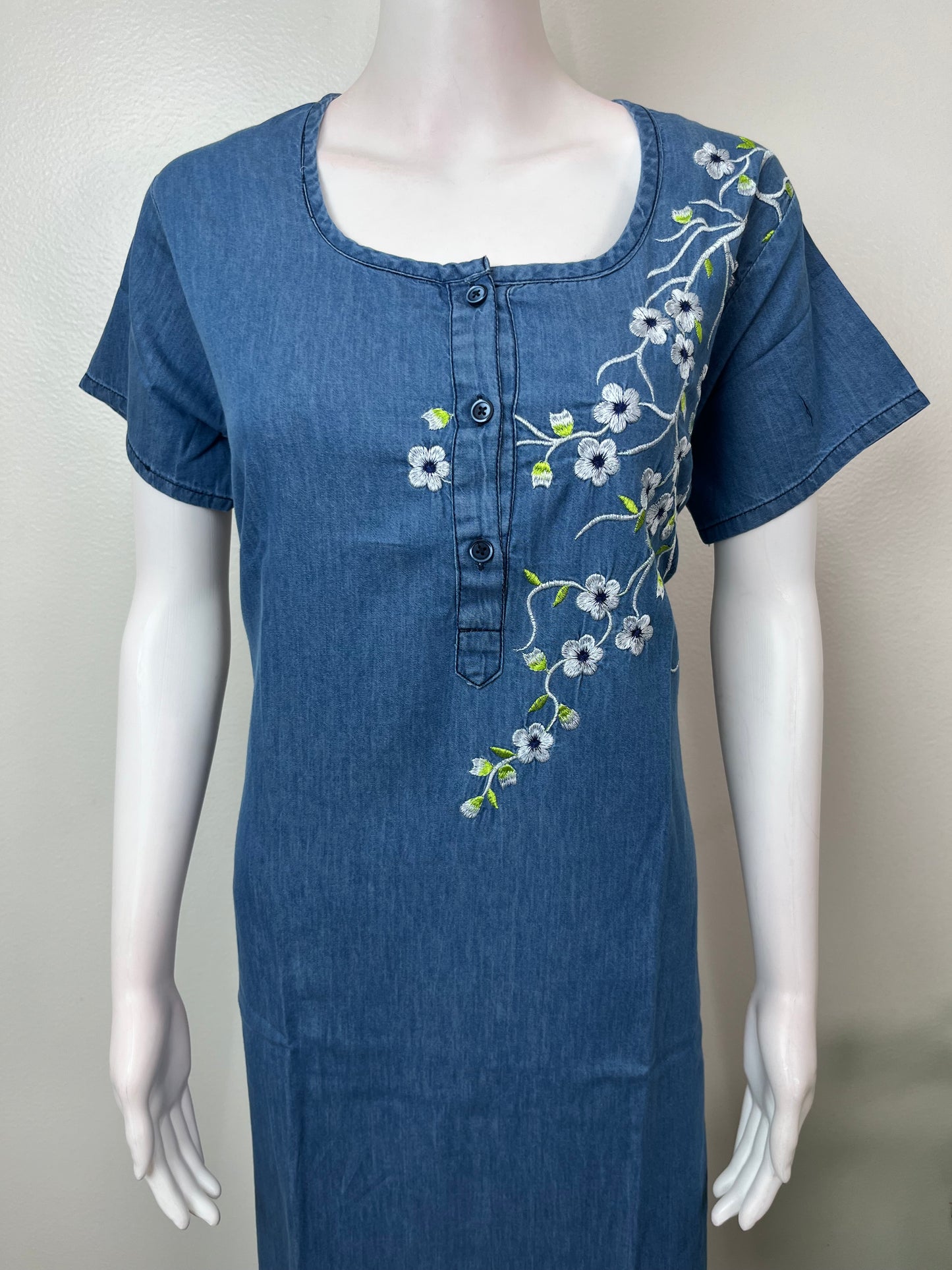Denim Blue Elegant Embroidered Nightgown