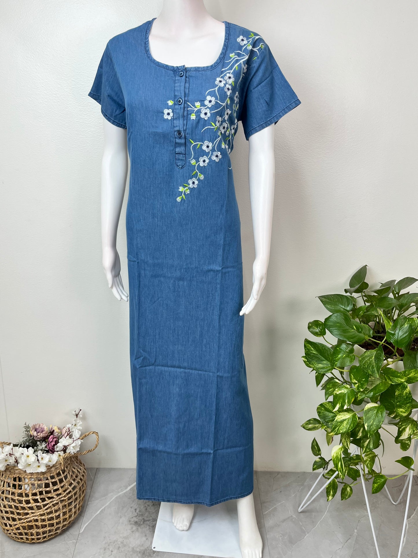Denim Blue Elegant Embroidered Nightgown