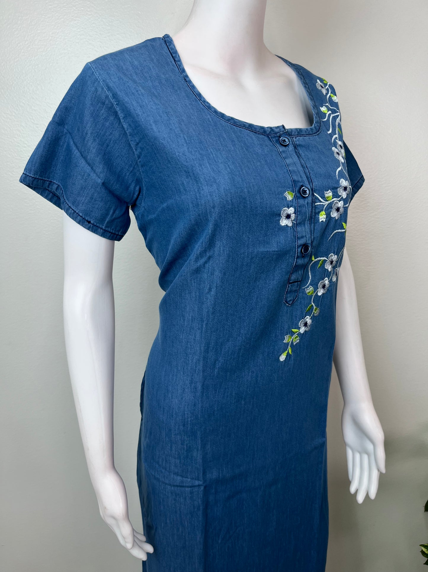 Denim Blue Elegant Embroidered Nightgown