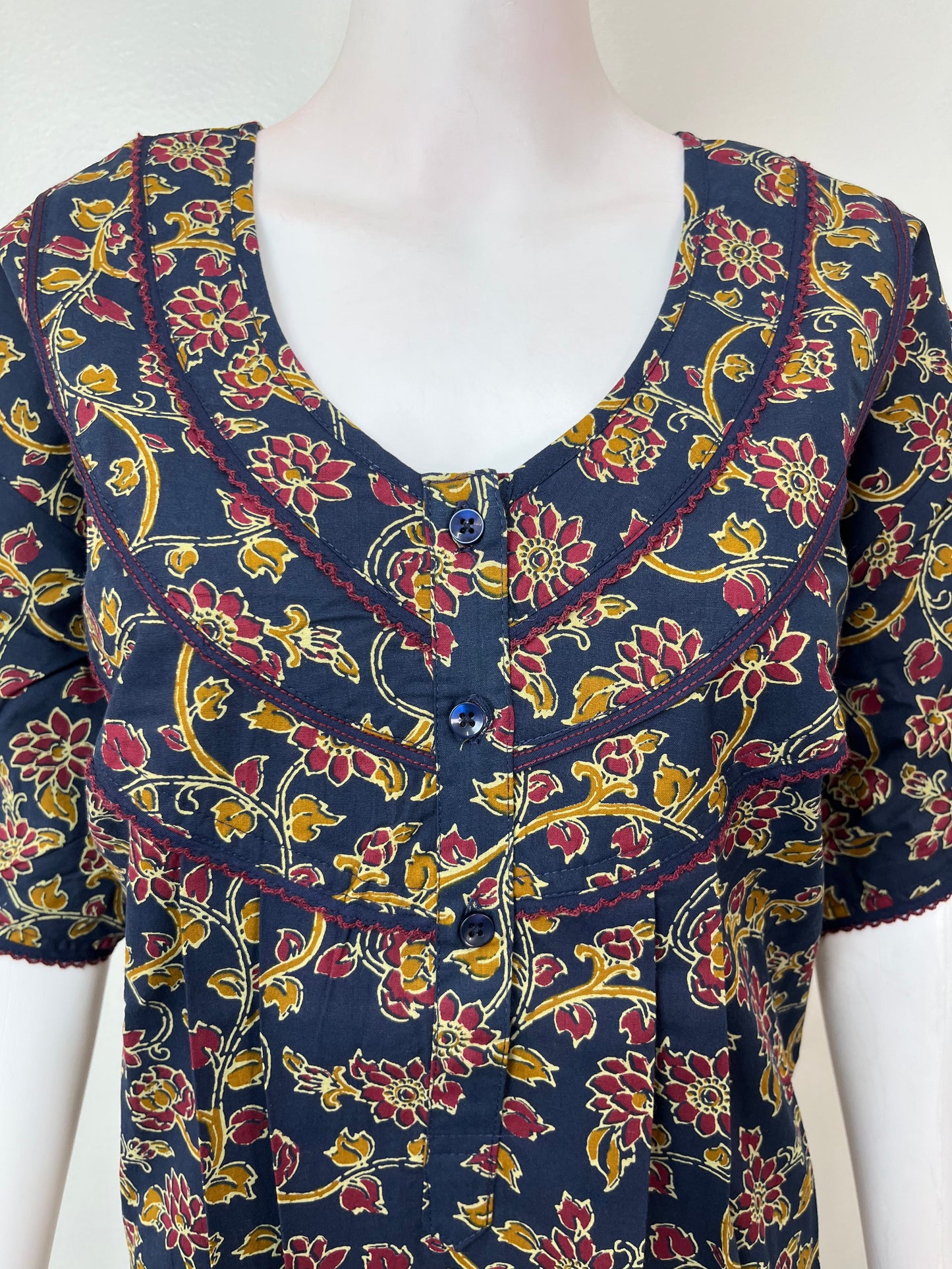 Navy Blue Pleated Style Cotton Nighty