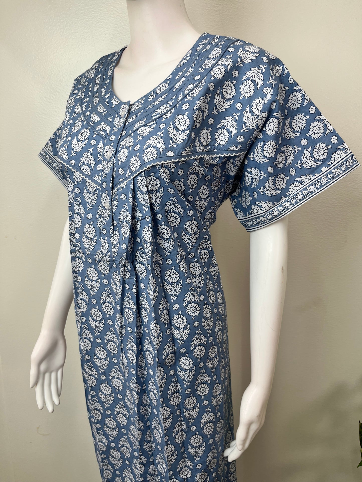 Gray Pleated Style 100% Cotton Nightgown