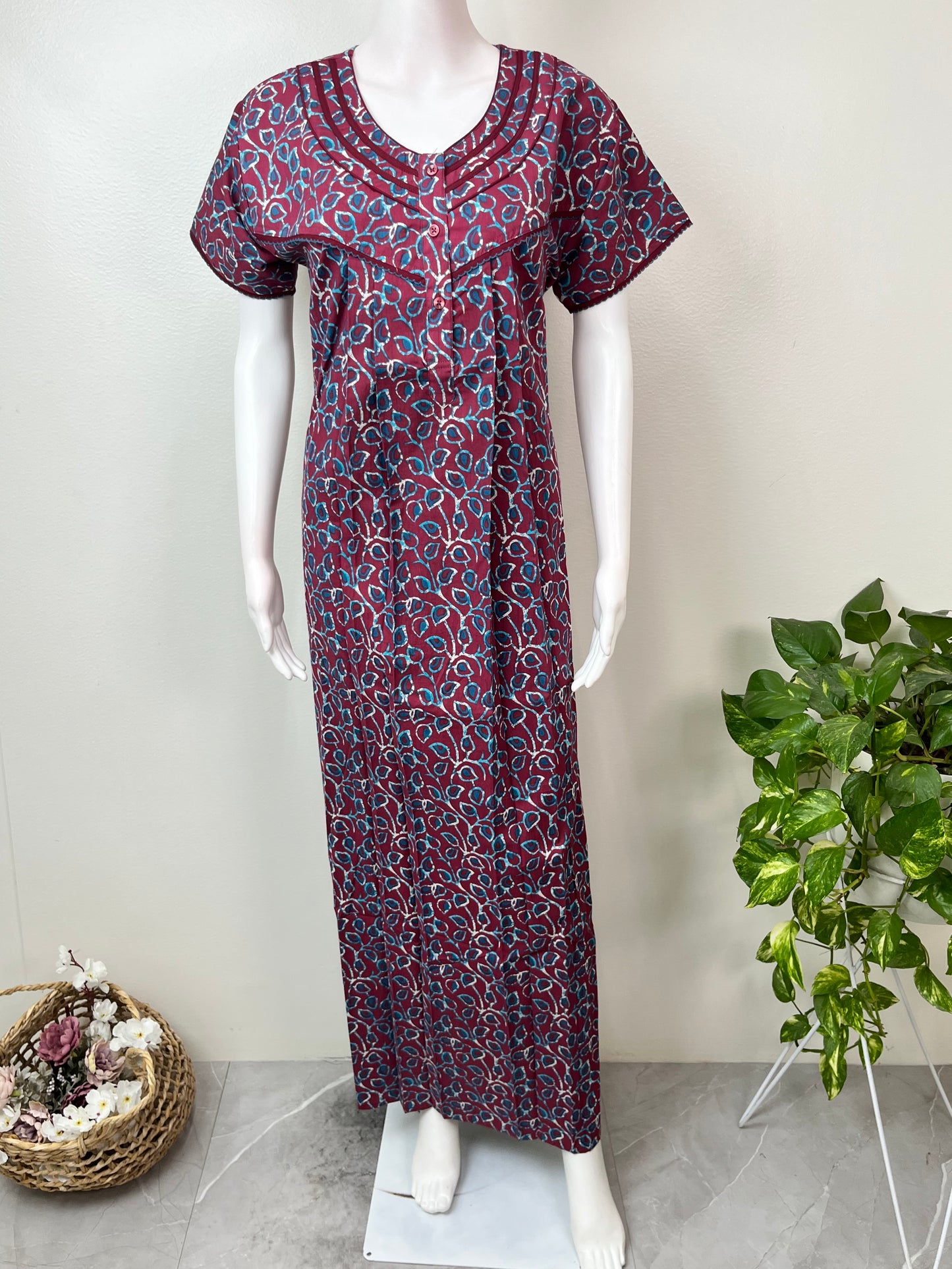 Maroon Pleated Style 100% Cotton Nightgown