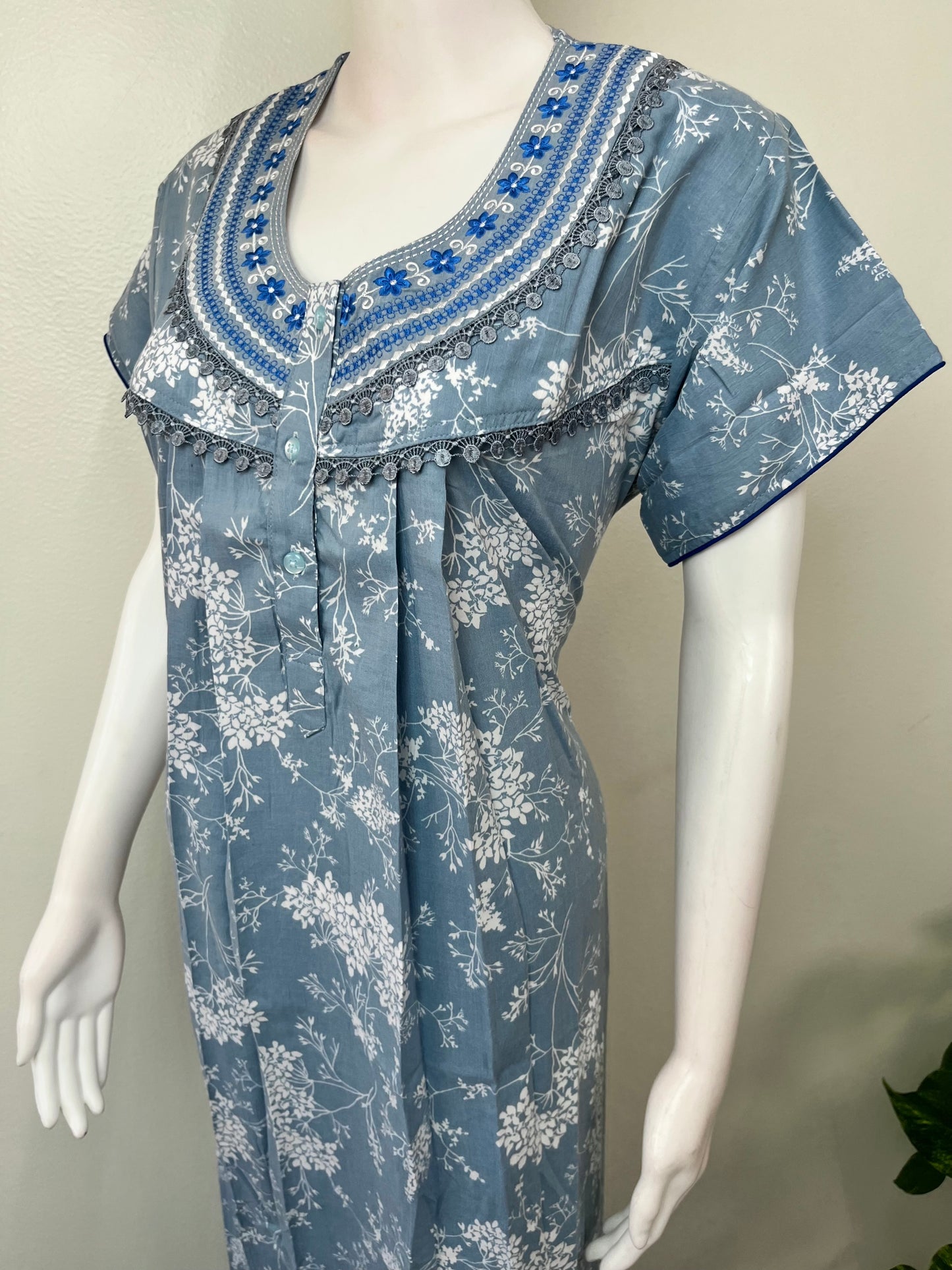 Sky Blue Elegant Embroidered Bizzylizzy Crush Fabric Nighty