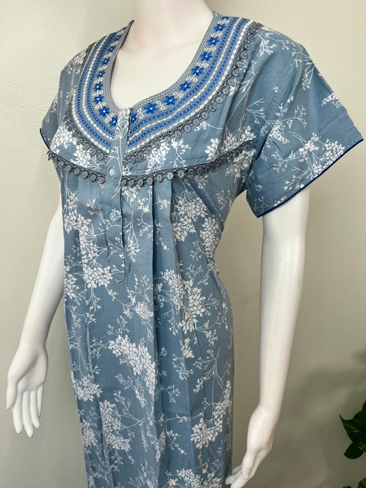 Sky Blue Elegant Embroidered Bizzylizzy Crush Fabric Nighty
