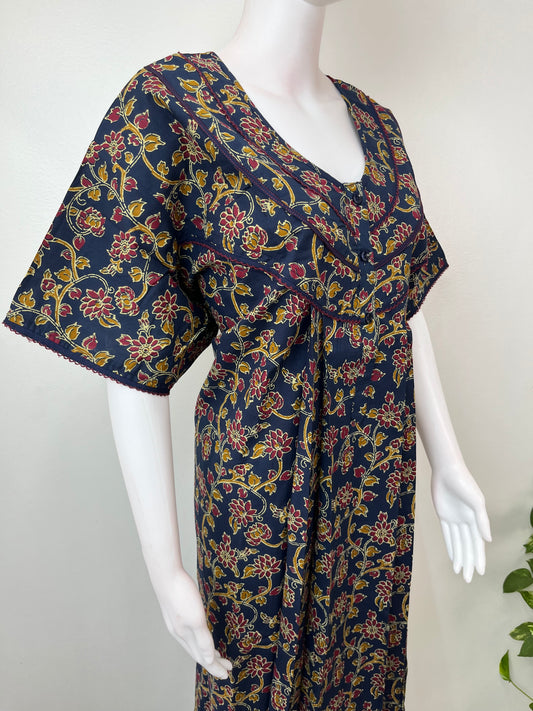 Navy Blue Pleated Style Cotton Nighty