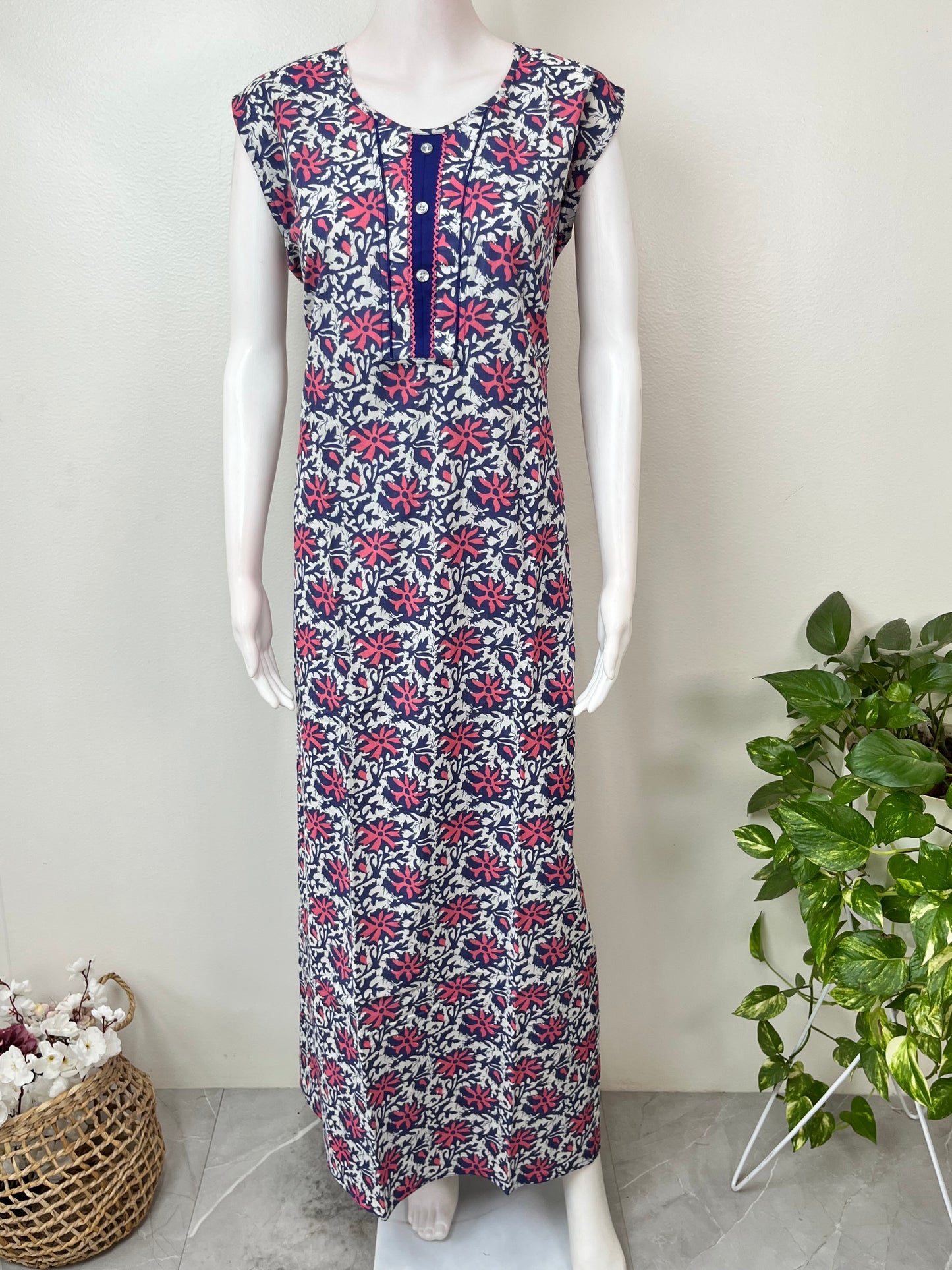 Royal Blue Sleeveless Pure Cotton Nighty