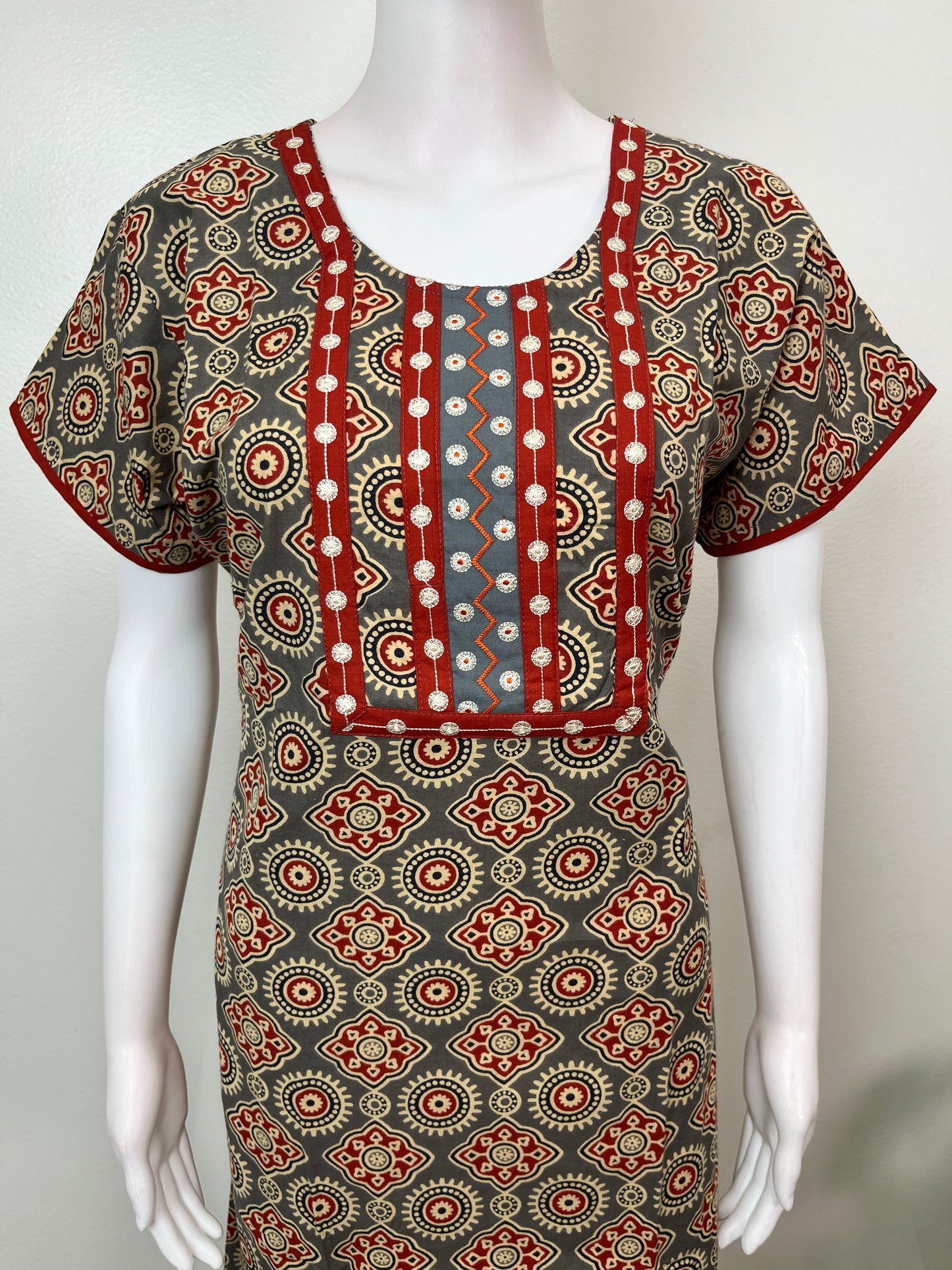 Gray Embroidered Pure Cotton Nightgown for Women