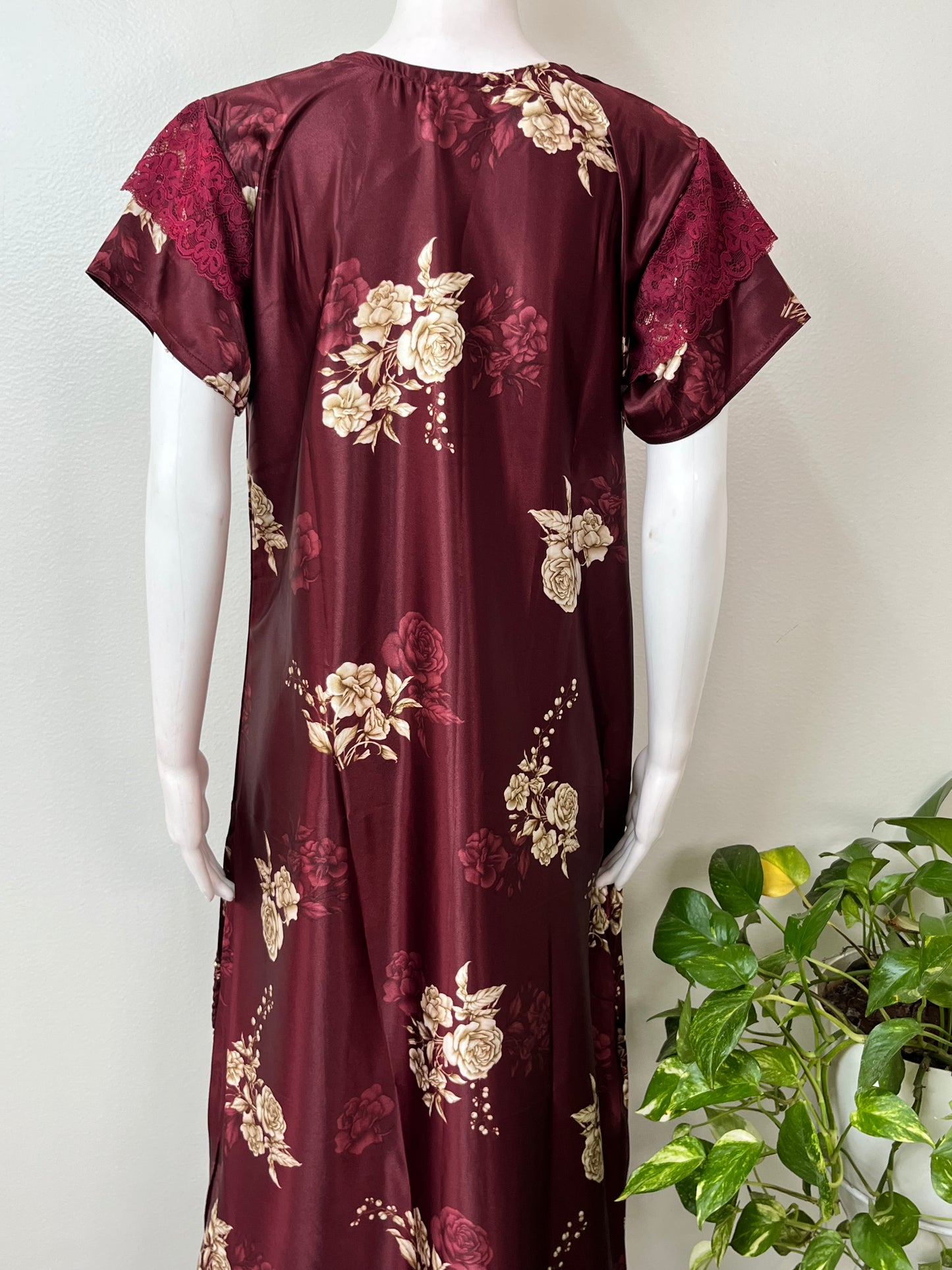 Maroon Glossy Satin Fabric Nighty
