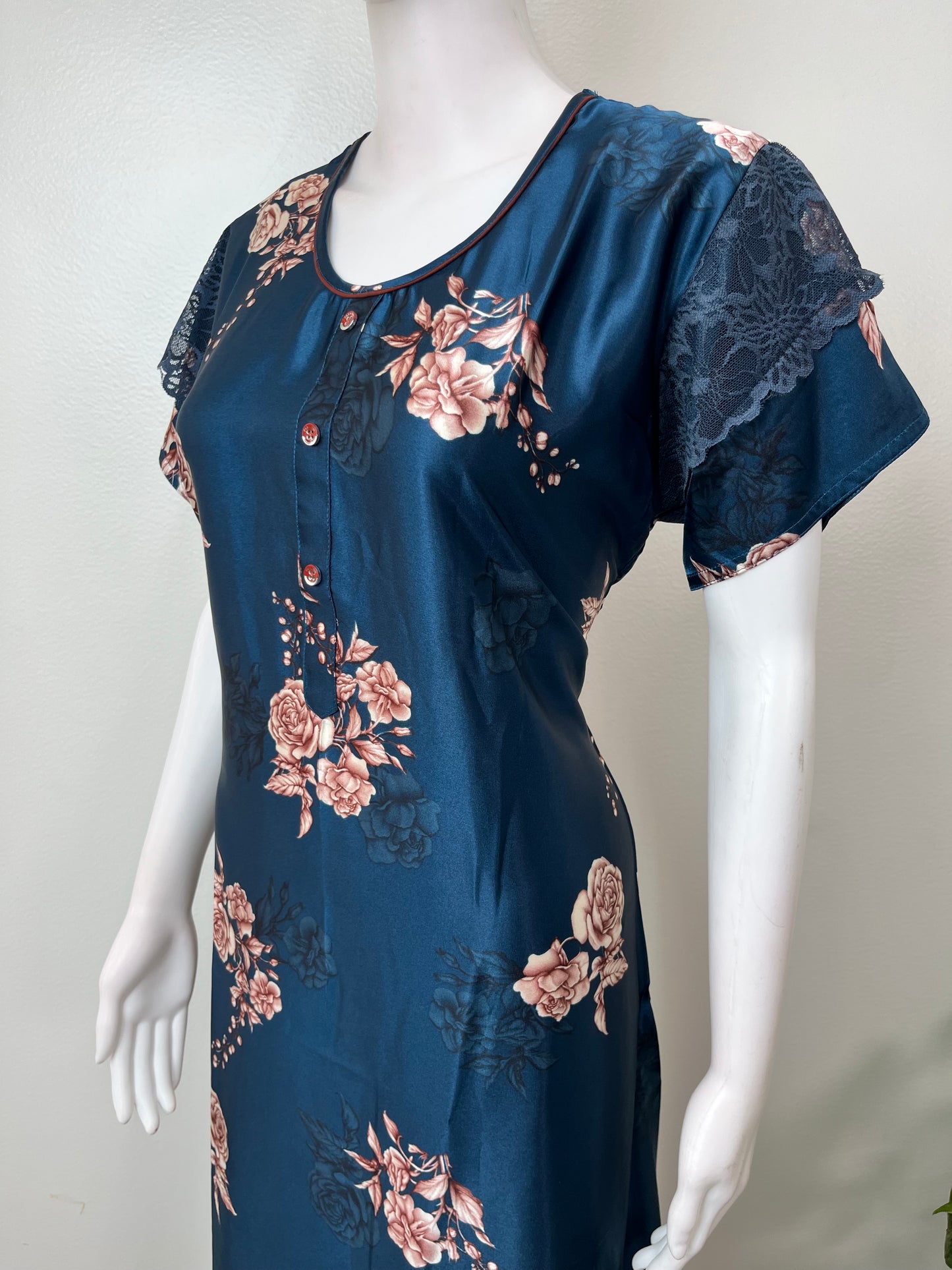 Navy Blue Satin Fabric Elegant & Soft Nightgown