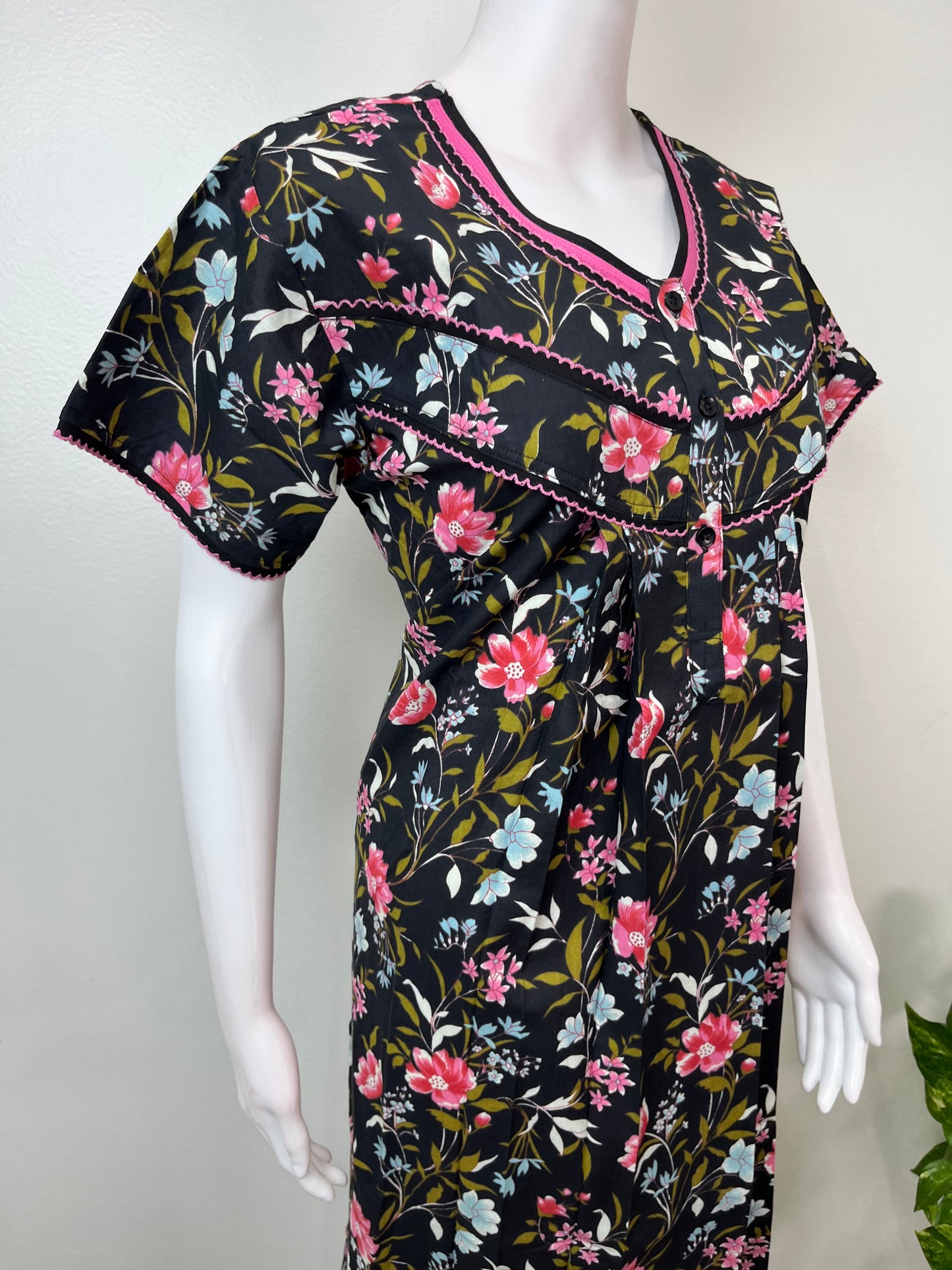 Black Pure Cotton Nighty with Contrast Print