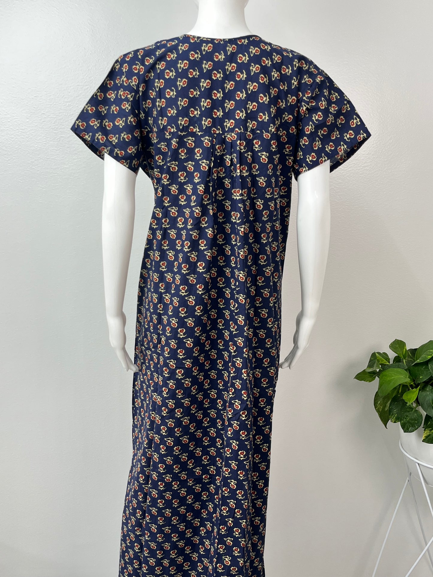 Navy Blue Front Open Pure Cotton Nighty for Women