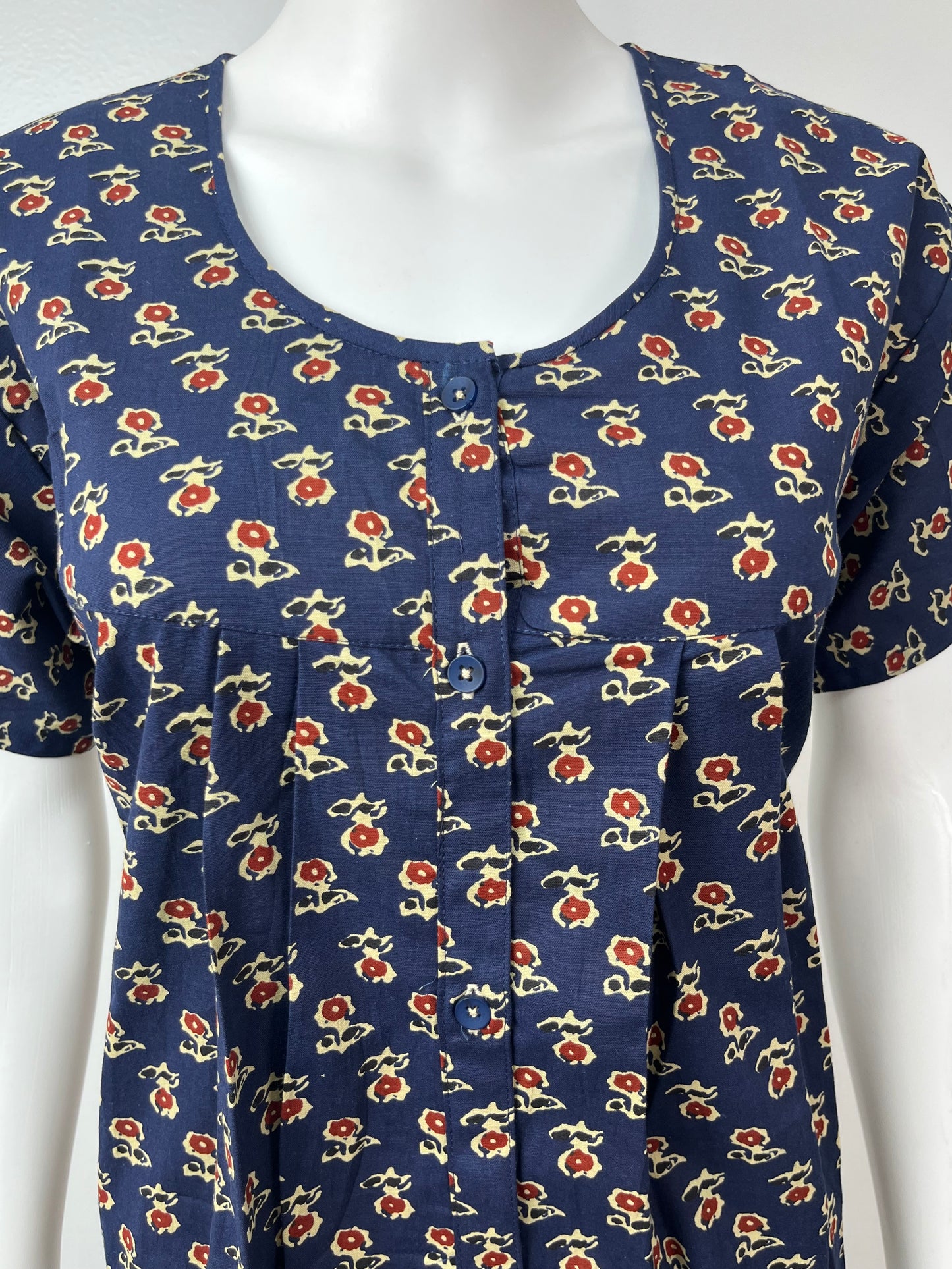 Navy Blue Front Open Pure Cotton Nighty for Women