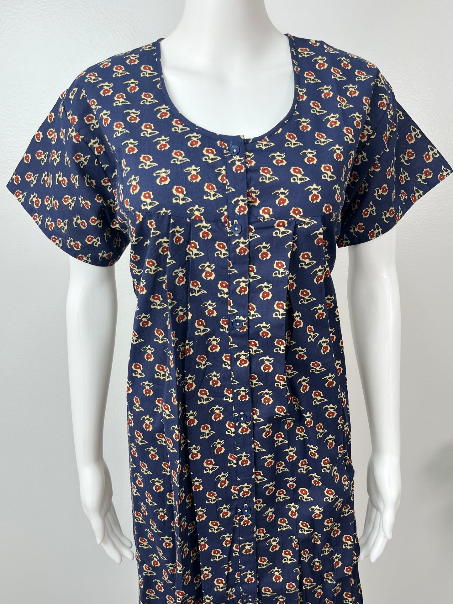 Navy Blue Front Open Pure Cotton Nighty for Women