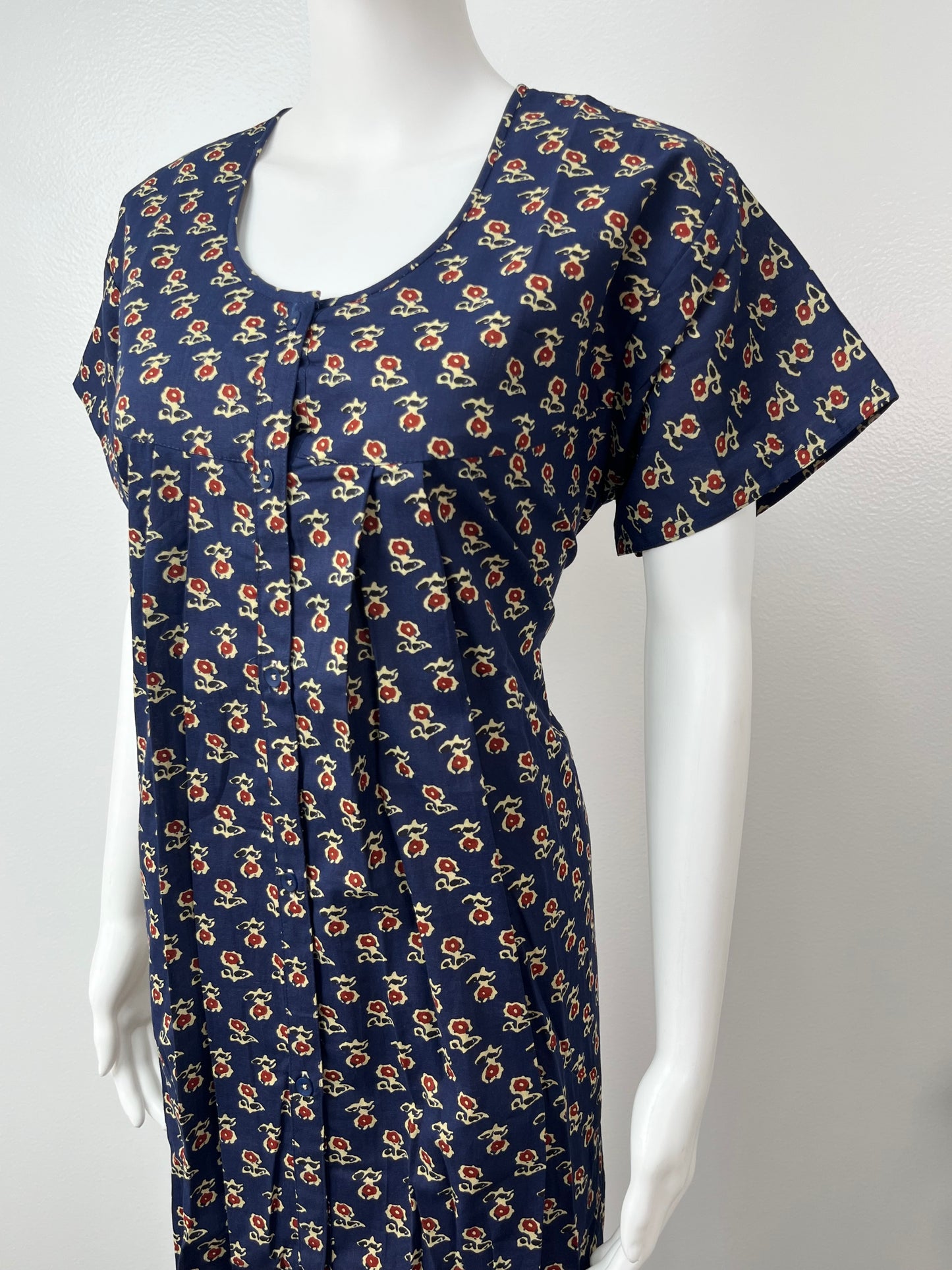 Navy Blue Front Open Pure Cotton Nighty for Women